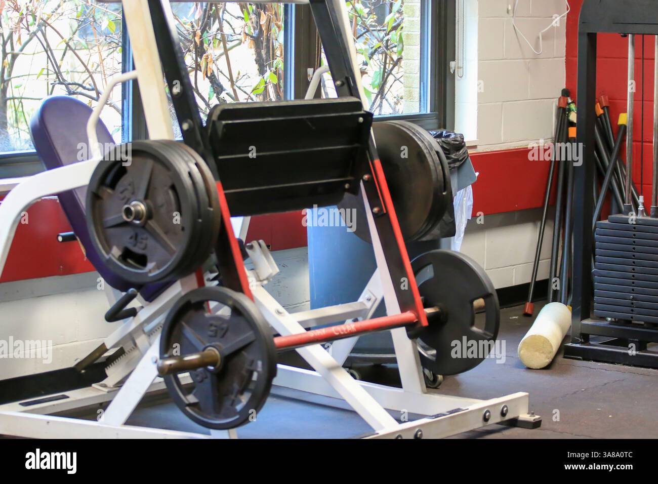 Eine Langhantel mit Gewichten ist für das Heben in einer Fitnessatmosphäre eingerichtet. Stockfoto