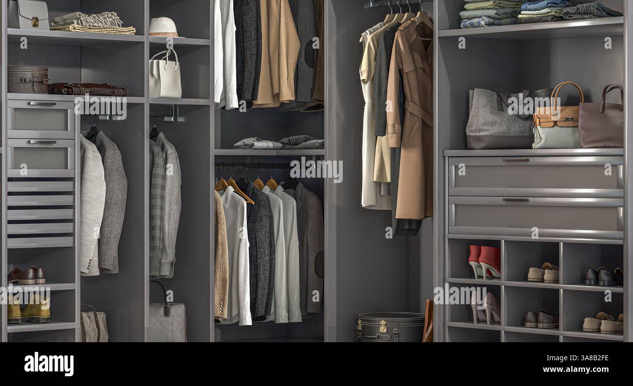Moderner begehbarer Kleiderschrank mit organisierter Kleidung 3D Stockfoto