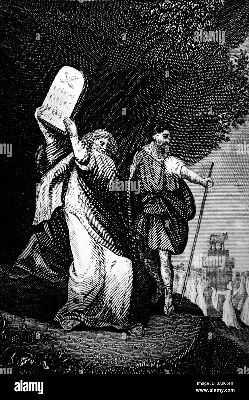 Moses brach die Gesetztafeln, nachdem er gesehen hatte, wie die Kinder Israels den Goldenen Kalb (Exodus) Stahlstich von Alexander Fletcher C anbeteten Stockfoto