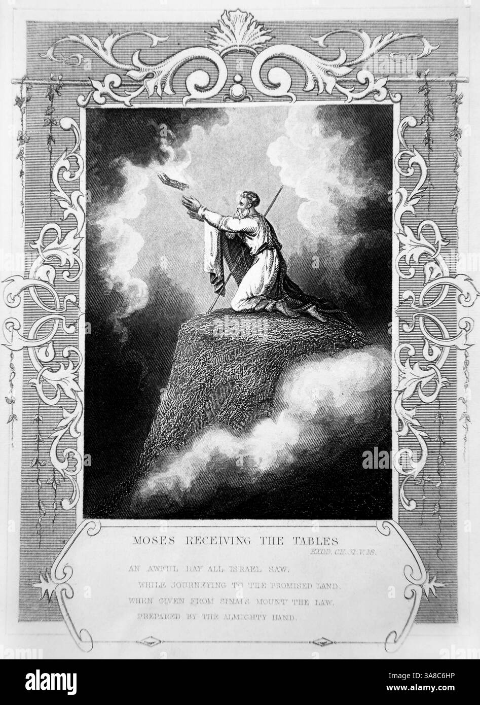 Stahlgravur von Moses erhielt die Tische des Zeugnisses (zehn Gebote) Exodus von Alexander Fletcher um 1860 Stockfoto