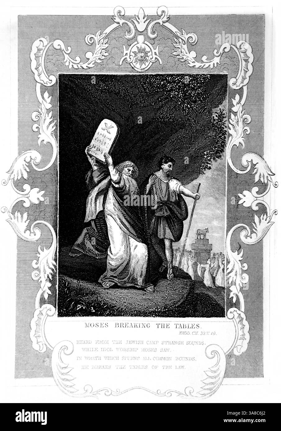 Moses brach die Gesetztafeln, nachdem er gesehen hatte, wie die Kinder Israels das Goldene Kalb (Exodus) Stahlstich Alexander Fletcher CIR anbeteten Stockfoto