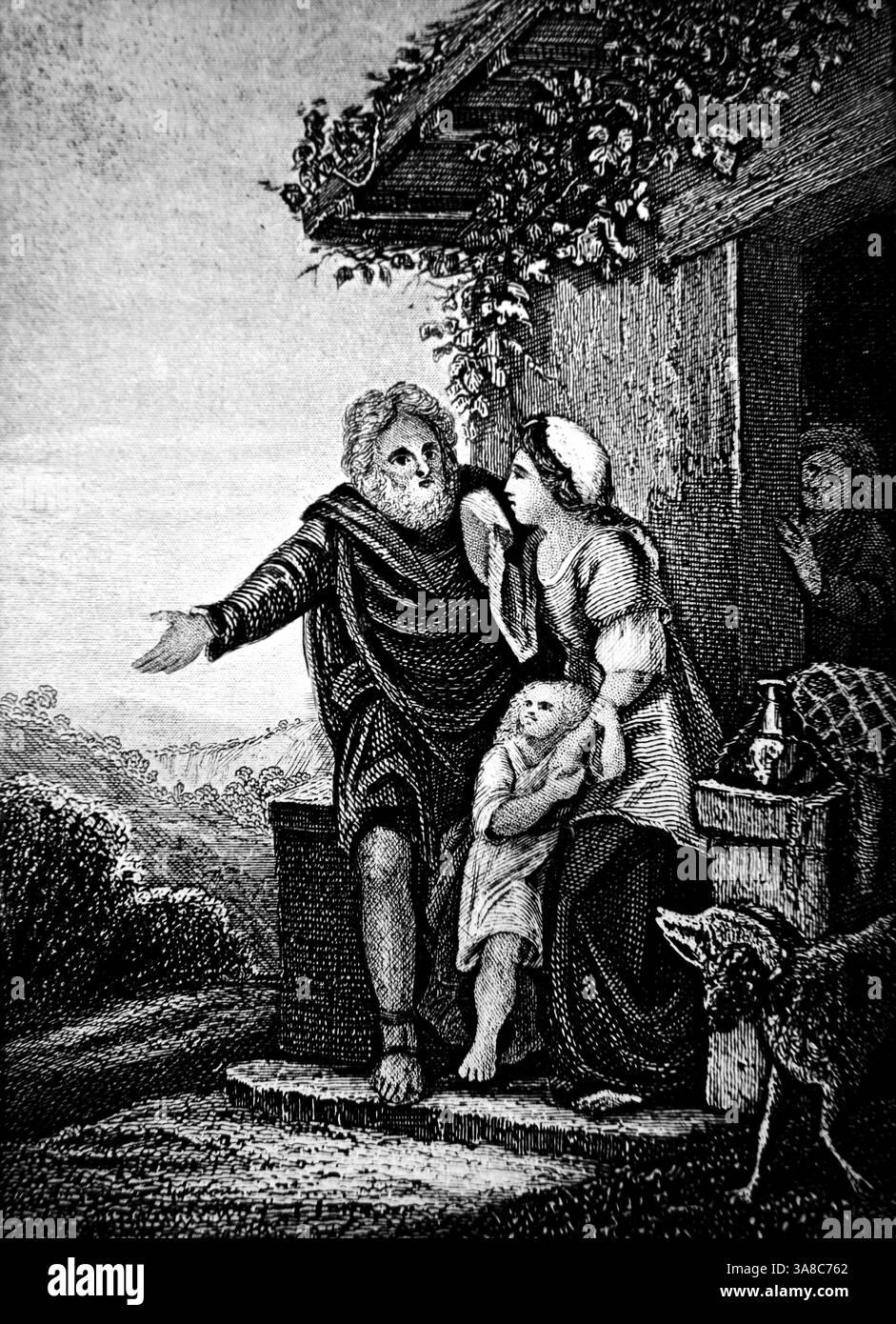 Stahlgravur von Abraham, der Hagar und seinen Sohn Ishmael aufgibt, während seine Frau Sarah und sein Sohn Isaac Alexander Fletcher um 1860 betrachten Stockfoto Stahlgravur von Abraham, der Hagar und seinen Sohn Ishmael aufgibt, während seine Frau Sarah und sein Sohn Isaac Alexander Fletcher um 1860 betrachten Stockfoto