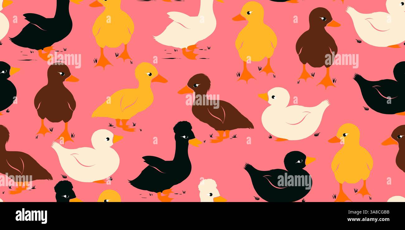 Niedliche Enten im nahtlosen Muster. Bauernenten Silhouetten handgezeichnet isoliert auf rosa Hintergrund. Schwarz-weiße Ententchen Silhouetten, Vogelfarm. Stock Vektor