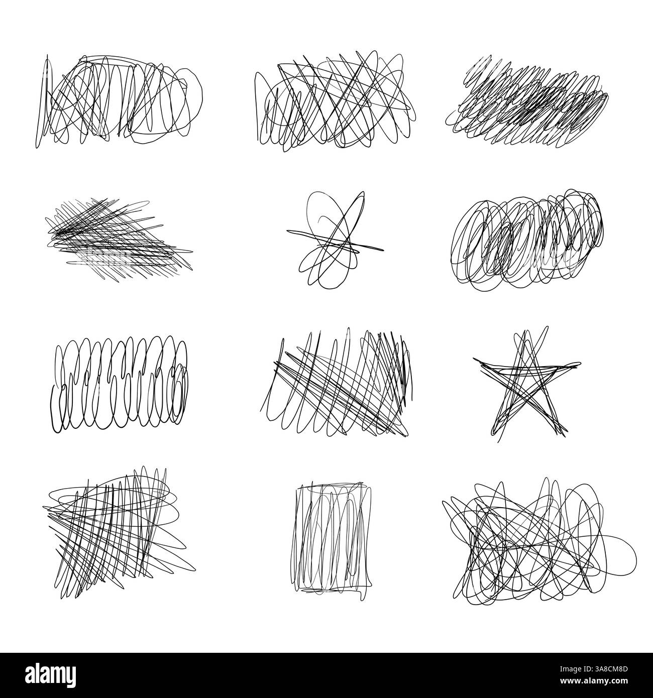 Einfache Handgezeichnete Schraffur Mit Scribble-Linien. Sammlung von Chaos Doodle Pinsellinien mit geometrischen Formen und subtiler Textur. Freihändig chaotisch und verrückt Stock Vektor