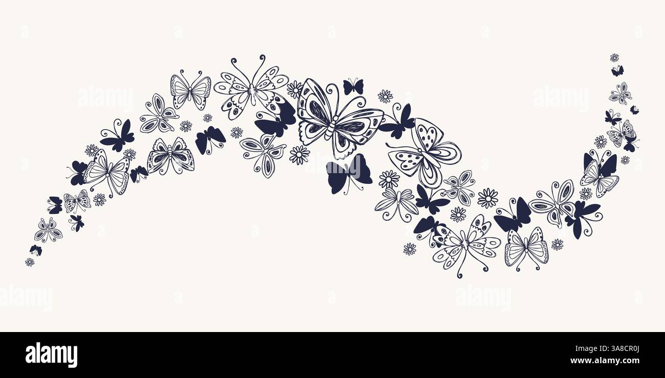 Schwarze Retro Wave mit handgezeichneten Schmetterlingen und süßen kleinen Blumen. Silhouetten mit Schmetterlingsdesign. Kritzelinsekten und Kamillenblüten. Elegantes botanisches Design Stock Vektor