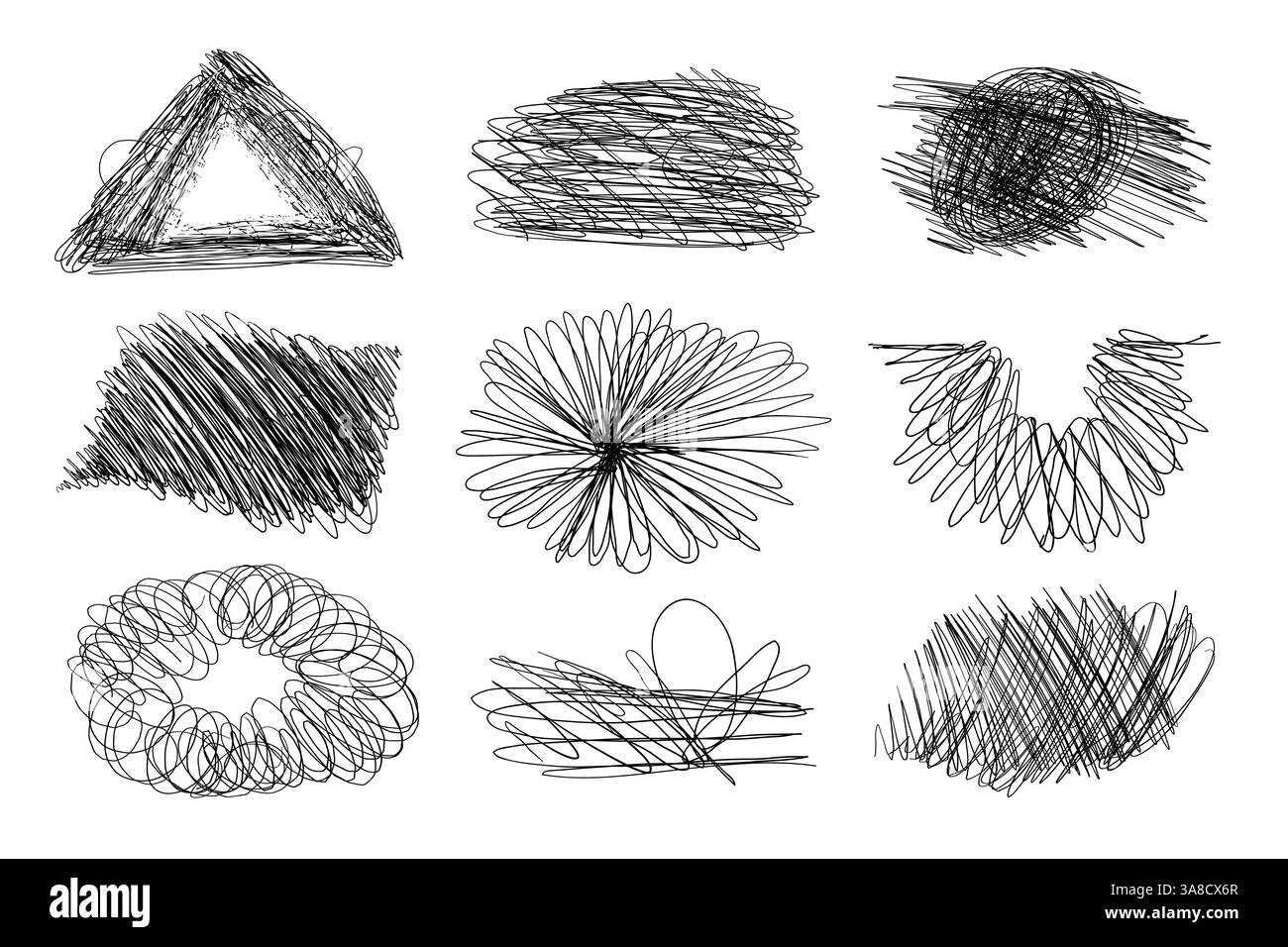 Schwarz-weiß handgezeichnete Scribble Line Schraffur. Sammlung von Chaos Doodle Pinsellinien mit geometrischen Formen und subtiler Textur. Freihand chaotisch und Stock Vektor
