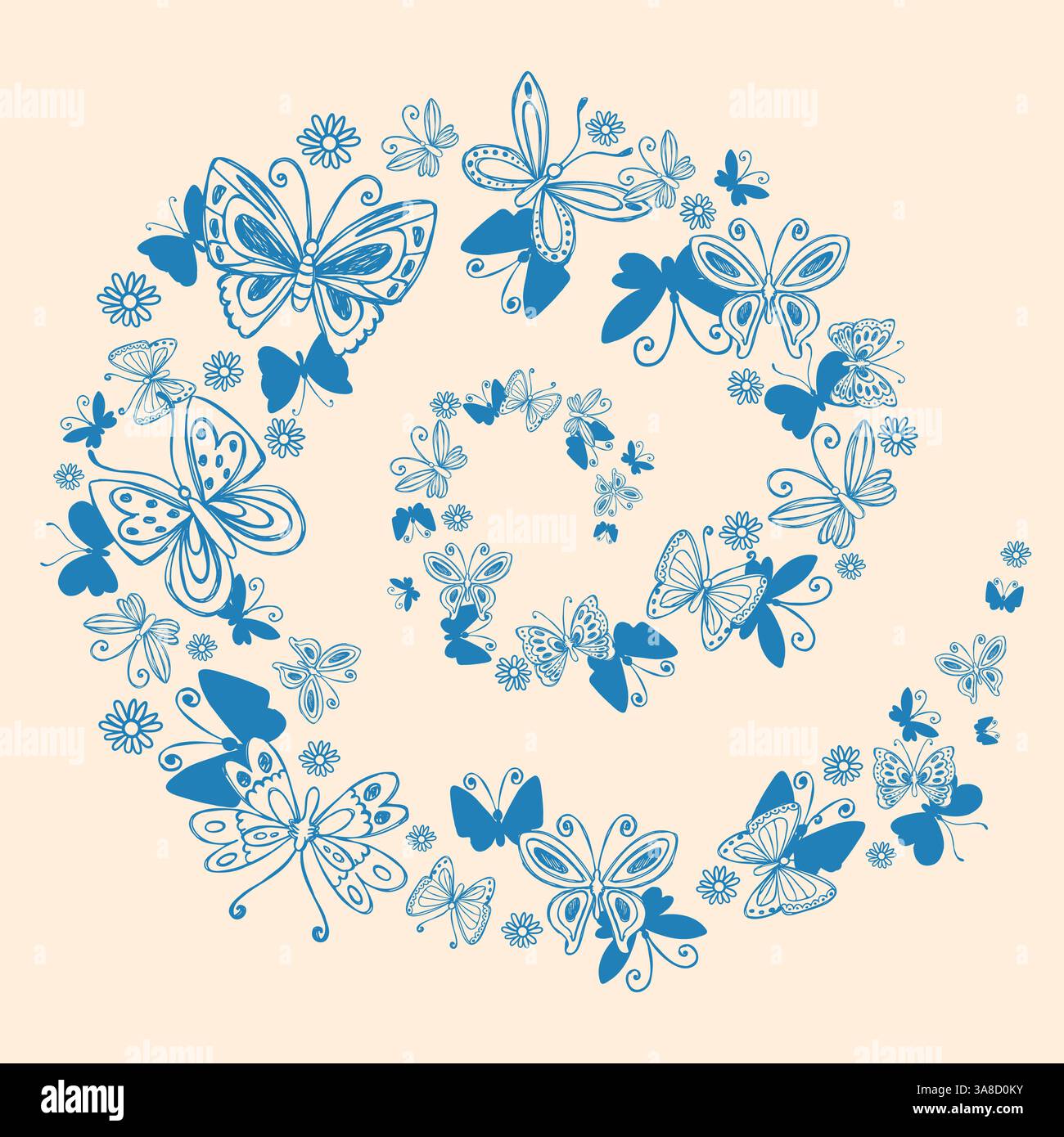 Handgezeichnete blaue Schmetterlinge fliegen in einem Wirbel. Silhouetten mit Schmetterlingsdesign. Kritzelinsekten und Kamillenblüten. Elegantes botanisches Design, perfekt für Stock Vektor