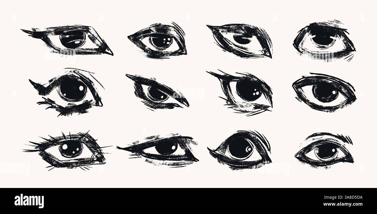 Handgezeichnete Augen mit sperrigen Linien und Grunge-Textur. Abstrakte und lustige Augensammlung isoliert auf weißem Hintergrund Stock Vektor