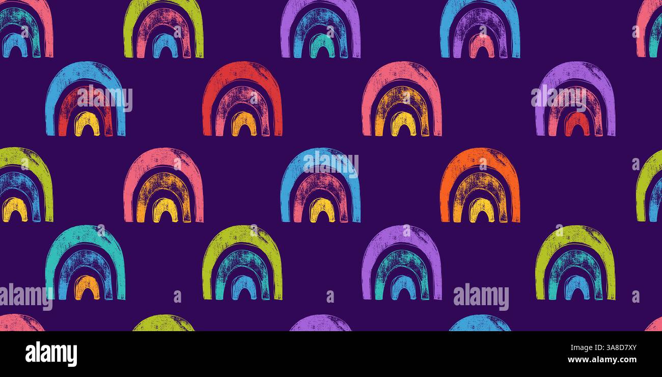 Nahtloses Muster mit handgezeichneten abstrakten Regenbogenformen in lebendigen Tönen mit fetten Pinselstrichen. Verspielte geometrische Kritzeleien auf dunklem Hintergrund Stock Vektor
