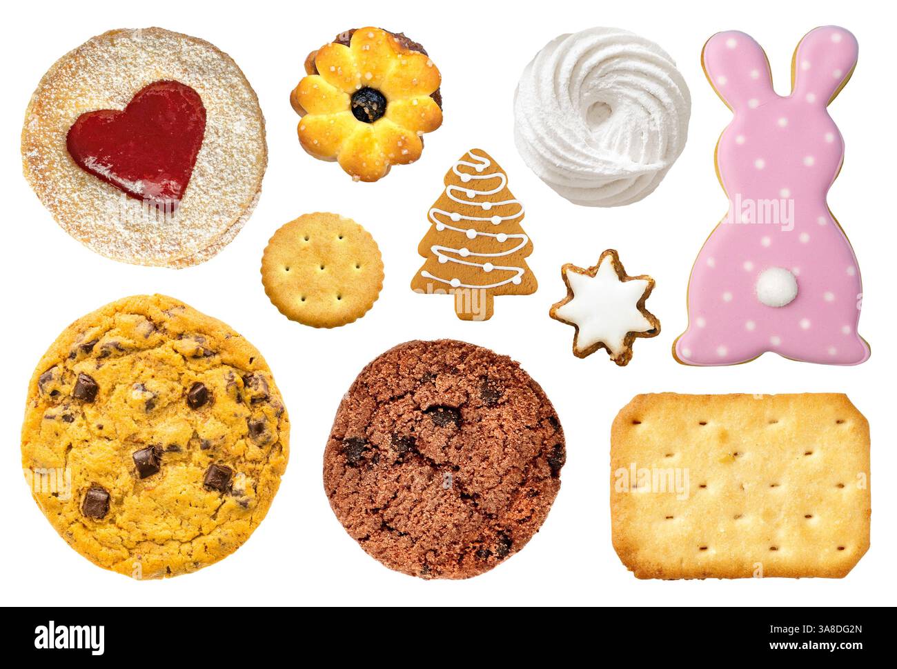 Set mit verschiedenen Keksen und Keksen isoliert auf weißem Hintergrund, Nahaufnahme Dessert von oben Stockfoto Set mit verschiedenen Keksen und Keksen isoliert auf weißem Hintergrund, Nahaufnahme Dessert von oben Stockfoto