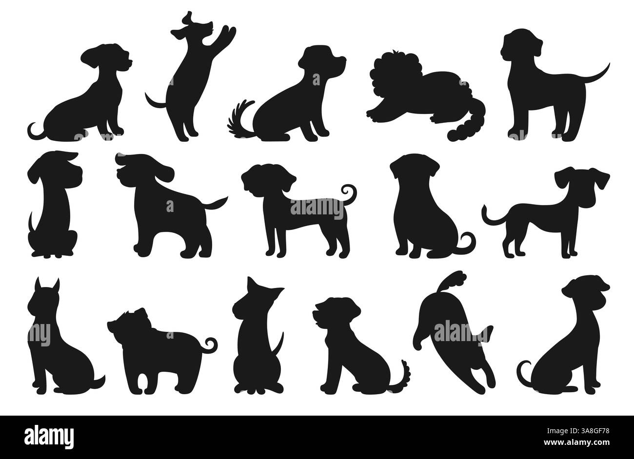 Niedliche Hunde Cartoon Silhouette Set Illustration für Kinder. Lustige kindliche Hunde verschiedener Rassen. Hündchen in verschiedenen Posen, die ein sitzendes Haustier spielen. Niedliche Comic-Stammbaum Hundetiere Figur Design Vektor Stock Vektor