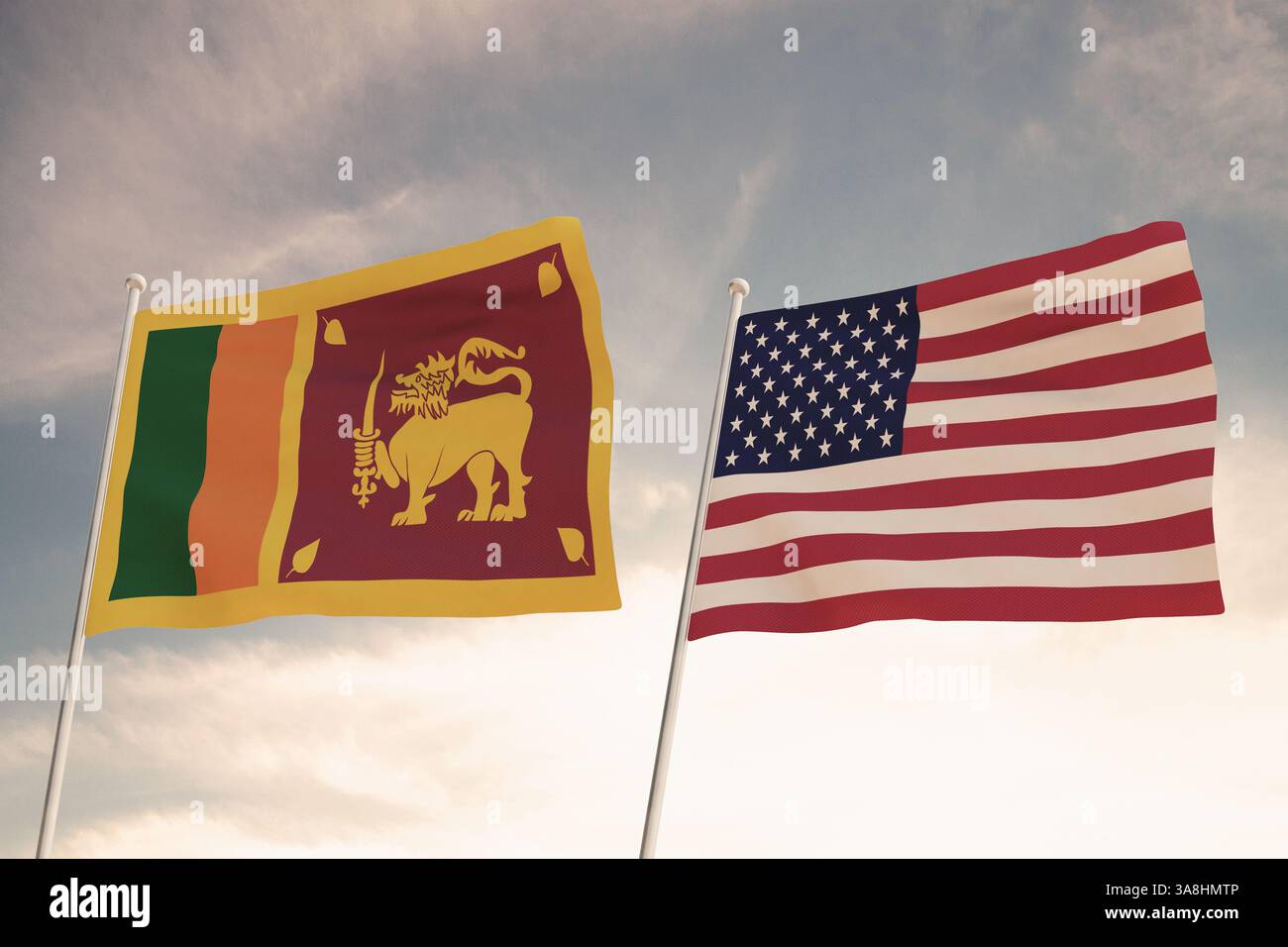 Beziehungen zwischen den Ländern der Vereinigten Staaten von Amerika USA und SRI LANKA, dargestellt durch das Konzept von zwei Flaggen, die gegen einen bewölkten Himmel schwenken. Stockfoto