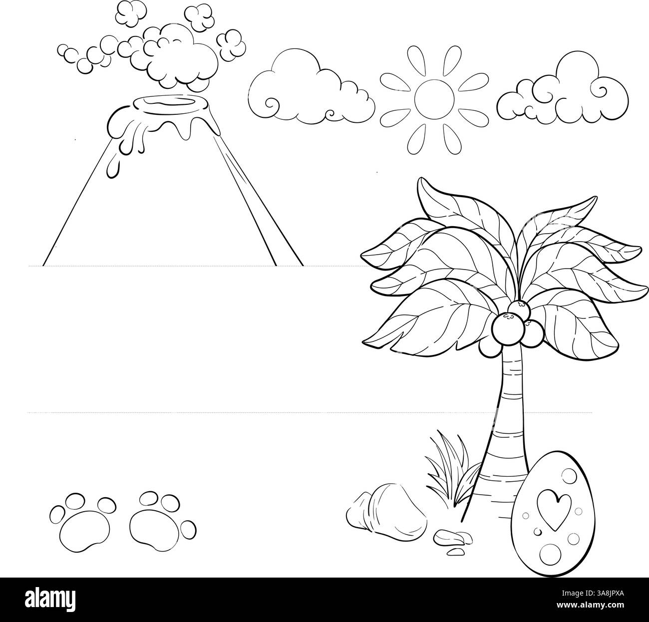 Naturrahmen aus Jurazeit, Vektorelemente, Natur, schwarzer Vulkan, Palme im Cartoon-Stil. Dinosaurierei Stock Vektor