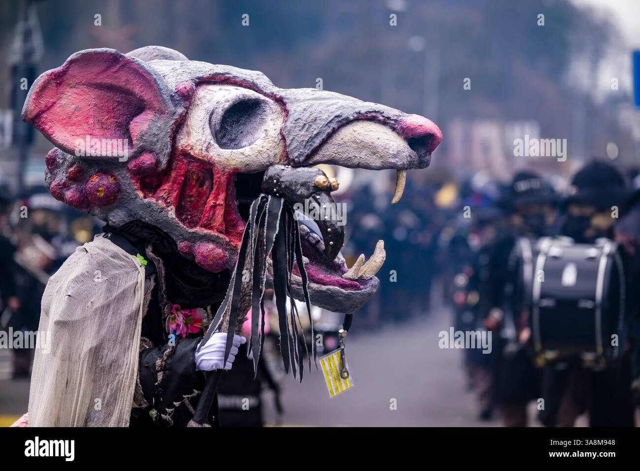 Maskierte feiern den typischen Luzerner Karneval in den Straßen von Emmen während der Parade am sonntag. Stockfoto