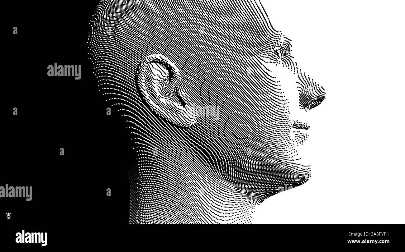Porträt eines lächelnden Mannes. Abstrakter digitaler menschlicher Kopf aus Würfeln. Technologie- und Robotikkonzept. Voxel-Art. 3D-Vektordarstellung für p Stock Vektor