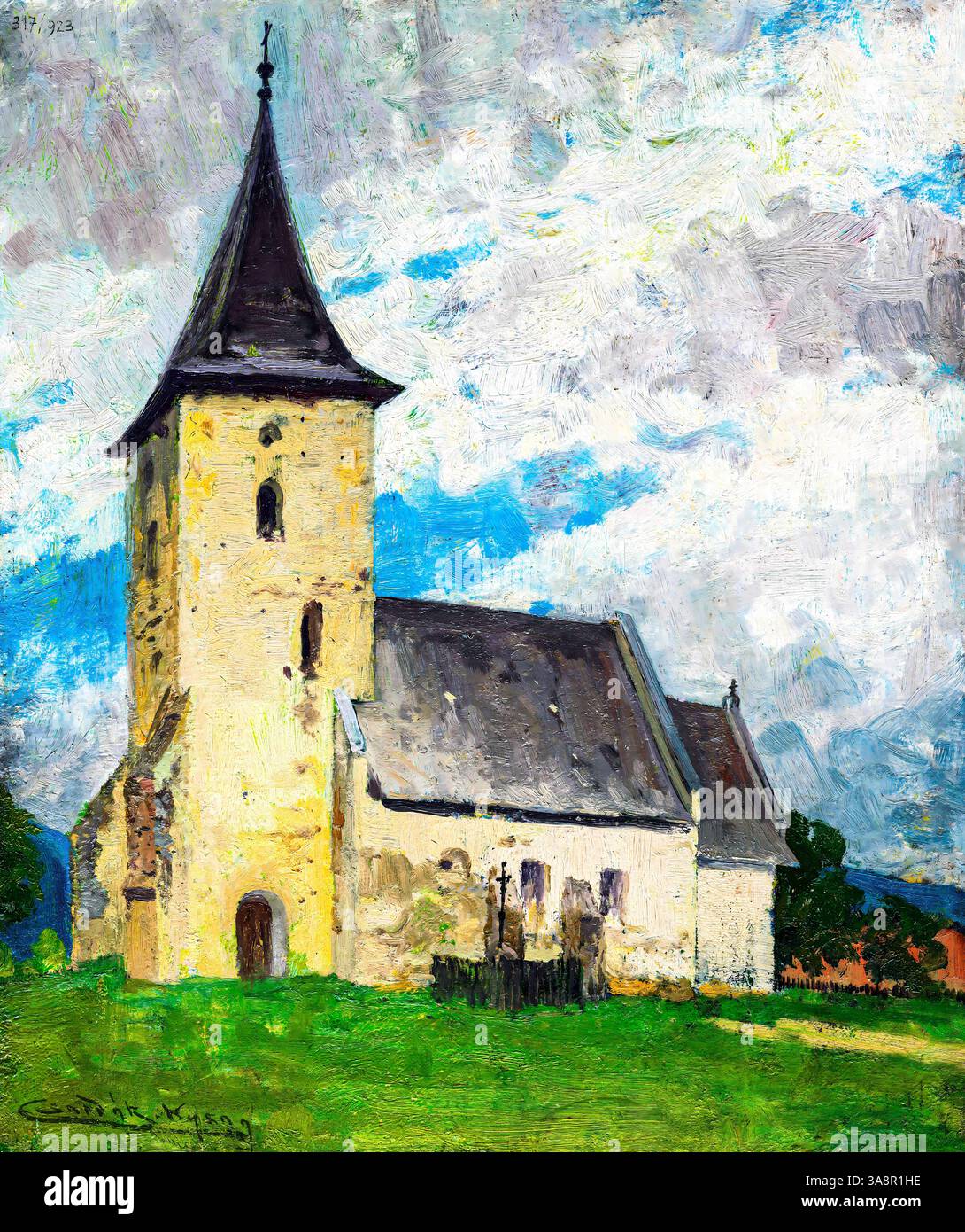 Kirche in Kysak von Lajos Csordak, 1923 – Slowakische Dorfkirche Landschaftsmalerei, Public Domain High-Resolution Artwork, Mitteleuropäisches ländliches Archi Stockfoto