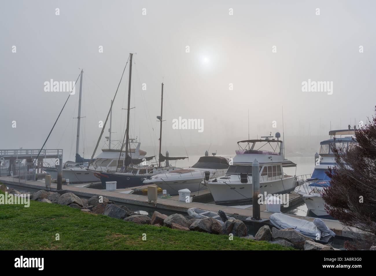 Oceanside, Kalifornien - 3. Januar 2025: Ruhige Marina-Szene in Oceanside, Kalifornien, mit nebelbedeckten Booten und sanften Wasserreflexionen während der Fahrt Stockfoto