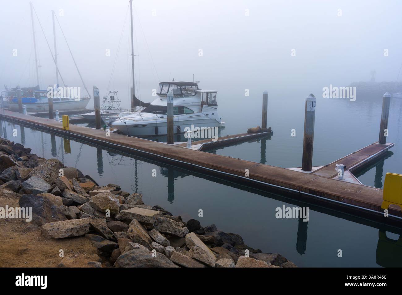 Oceanside, Kalifornien - 3. Januar 2025: Ruhige Yachthafenszene in Oceanside, Kalifornien, mit Booten, die in einer nebeligen Atmosphäre vertäut sind, die Str. Stockfoto