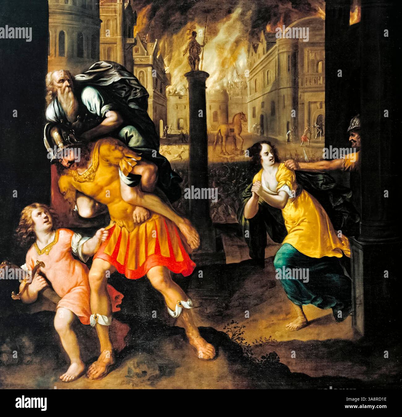 „Aeneas and His Family flieing Burning Troy“ des englischen Künstlers Henry Gibbs (1631–1713), gemalt 1654, die die mythologische Szene zeigt, in der Aeneas mit seiner Familie aus der brennenden Stadt Troy entkommen, inspiriert von Virgils Aeneid. Stockfoto