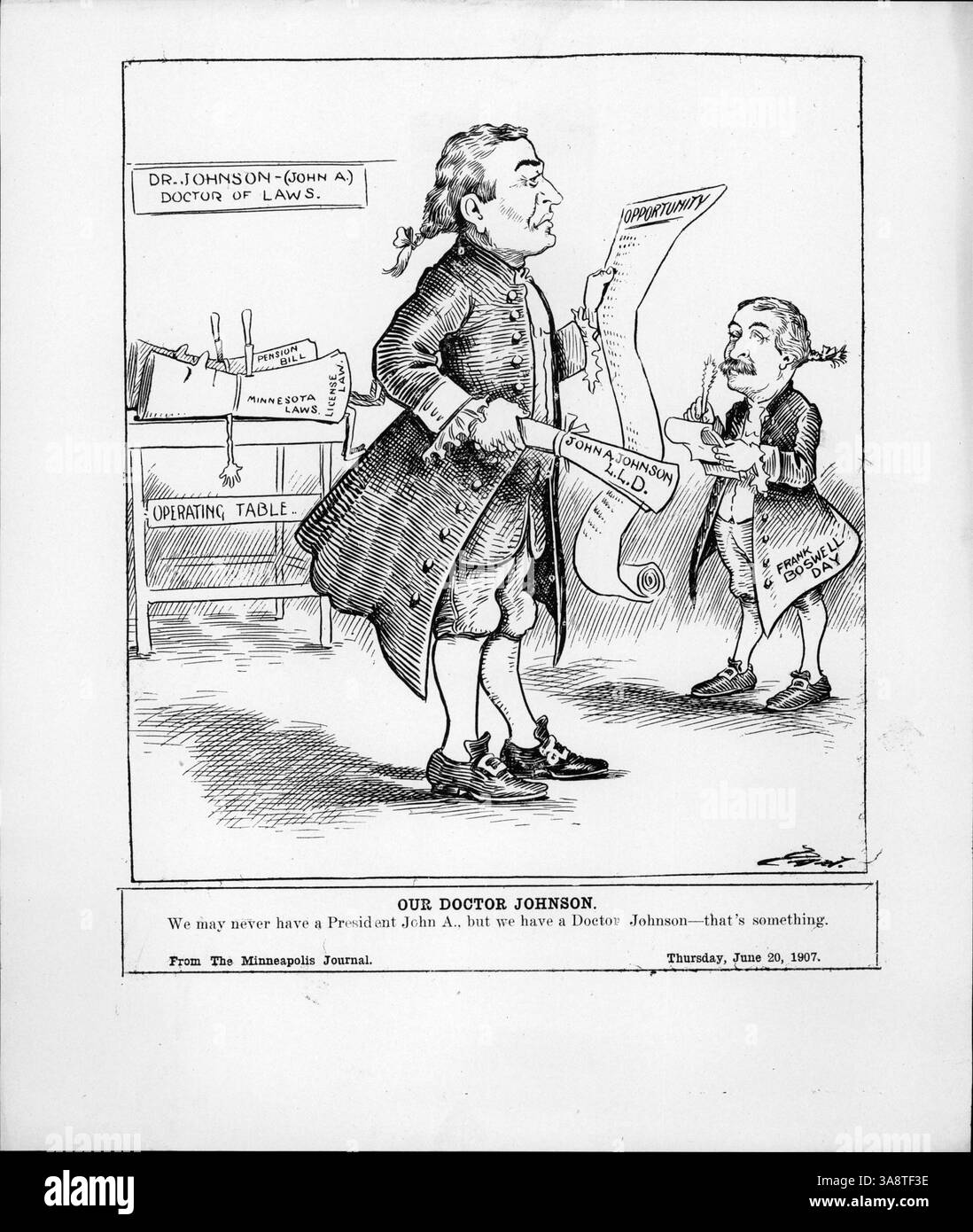 Dr. John A. Johnson, der mit einem Jurastudium der University of Pennsylvania ausgezeichnet wurde, hält eine Rede während des Frank Boswell Day, gekleidet als Gründervater. Johnson kandidierte zwar nie für das Amt des Präsidenten, war aber eine bedeutende Figur in der politischen Geschichte von Minnesota. Stockfoto