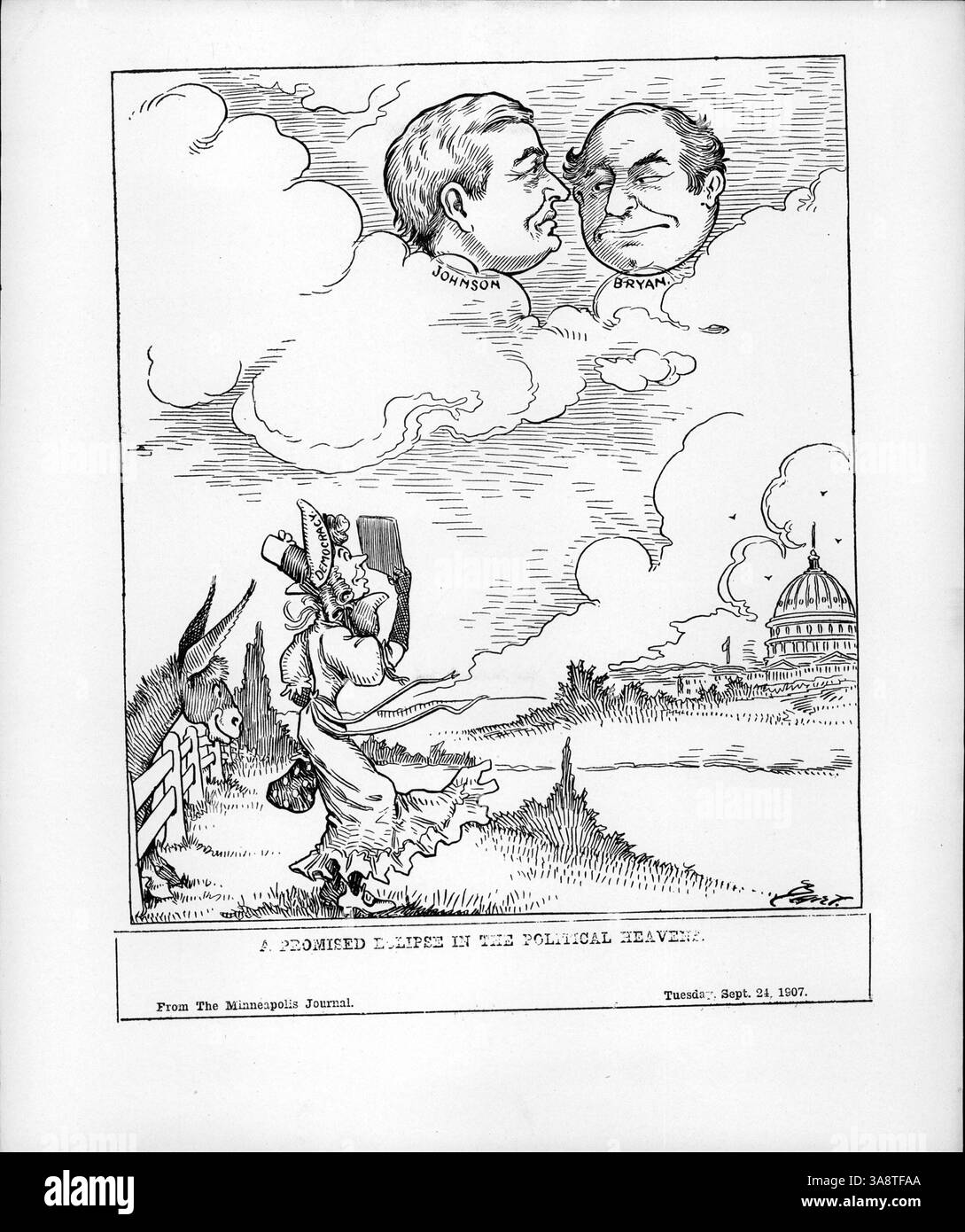 Dieser politische Zeichentrick zeigt den wachsenden Einfluss des Gouverneurs von Minnesota John A. Johnson, der William Jennings Bryan im Wahlkampf der Demokraten 1908 in den Schatten stellen soll. Johnsons Dynamik ist trotz Bryans früherer Popularität bekannt. Stockfoto
