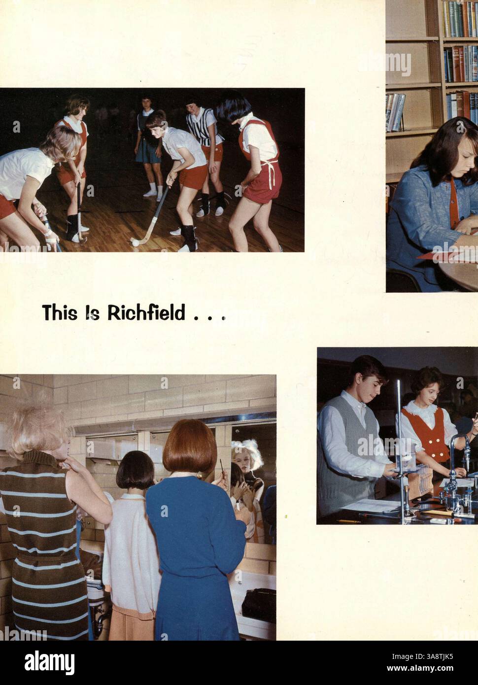 Die Ausgabe 1965 des Jahrbuchs Aurean, Richfield High School, beleuchtet die wichtigsten Veranstaltungen, Schüler, Lehrer und Aktivitäten des Schuljahres 1964-1965. Stockfoto