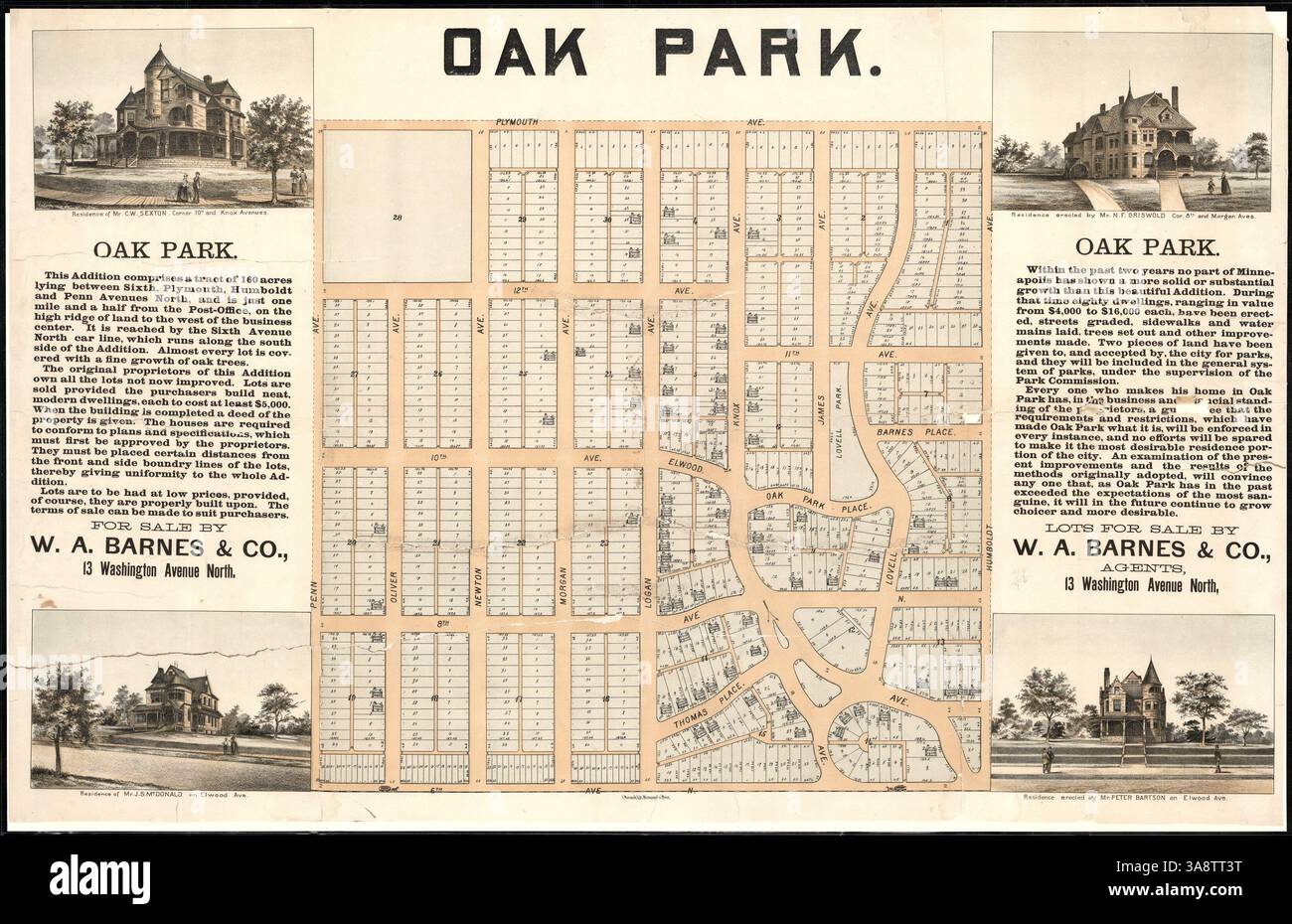 Eine detaillierte Karte von Oak Park, die Wohngrundstücke zum Verkauf von W.A. Barnes & Co. Hervorhebt. Die Karte enthält Illustrationen und Werbematerial zu verfügbaren Häusern und dem Gebiet für potenzielle Käufer. Stockfoto