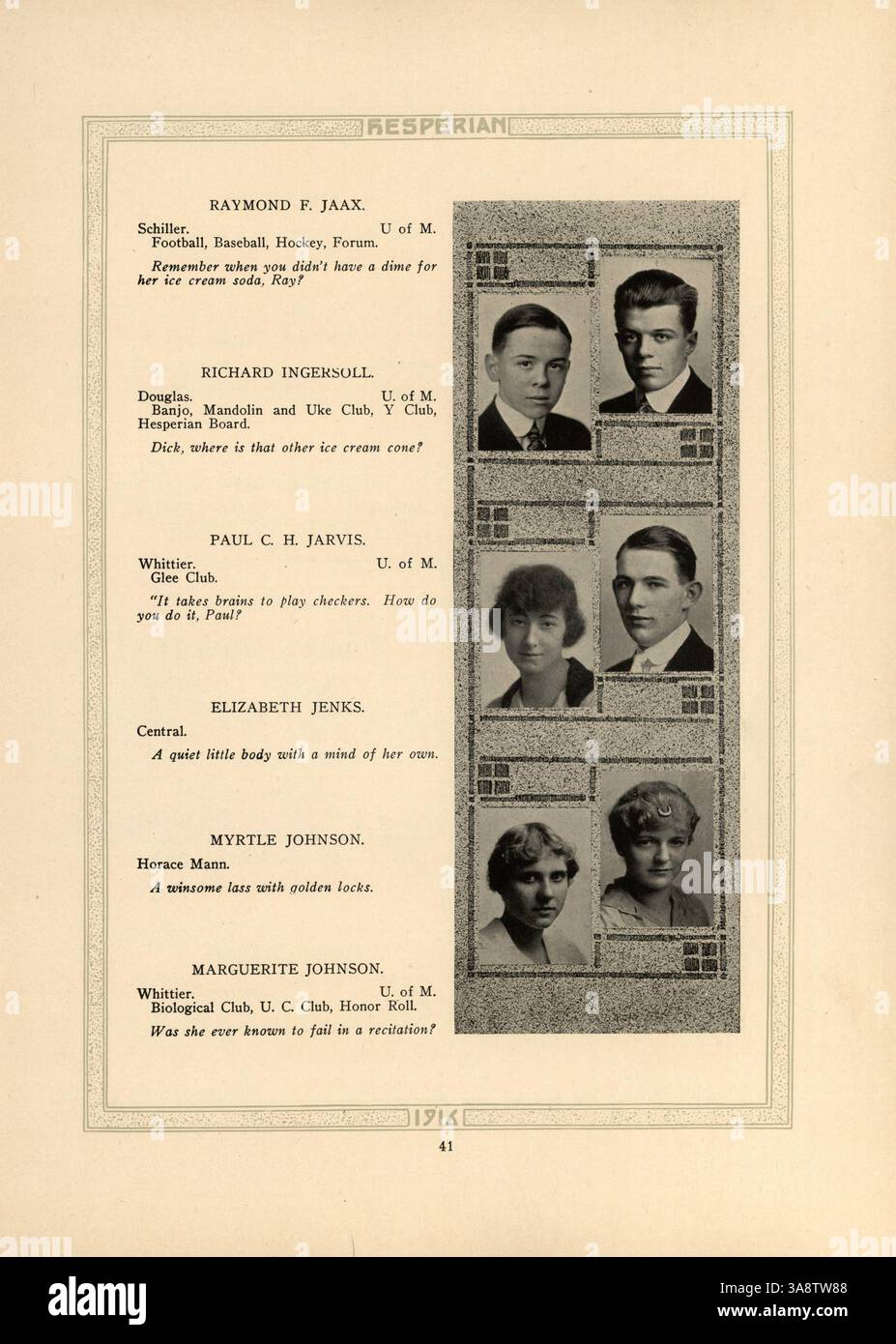 Das „Hesperian“ Jahrbuch 1916 zeigt die Schüler, Dozenten, Vereine, Leichtathletik und akademische Leistungen an der West High School während des Schuljahres 1915-1916. Stockfoto