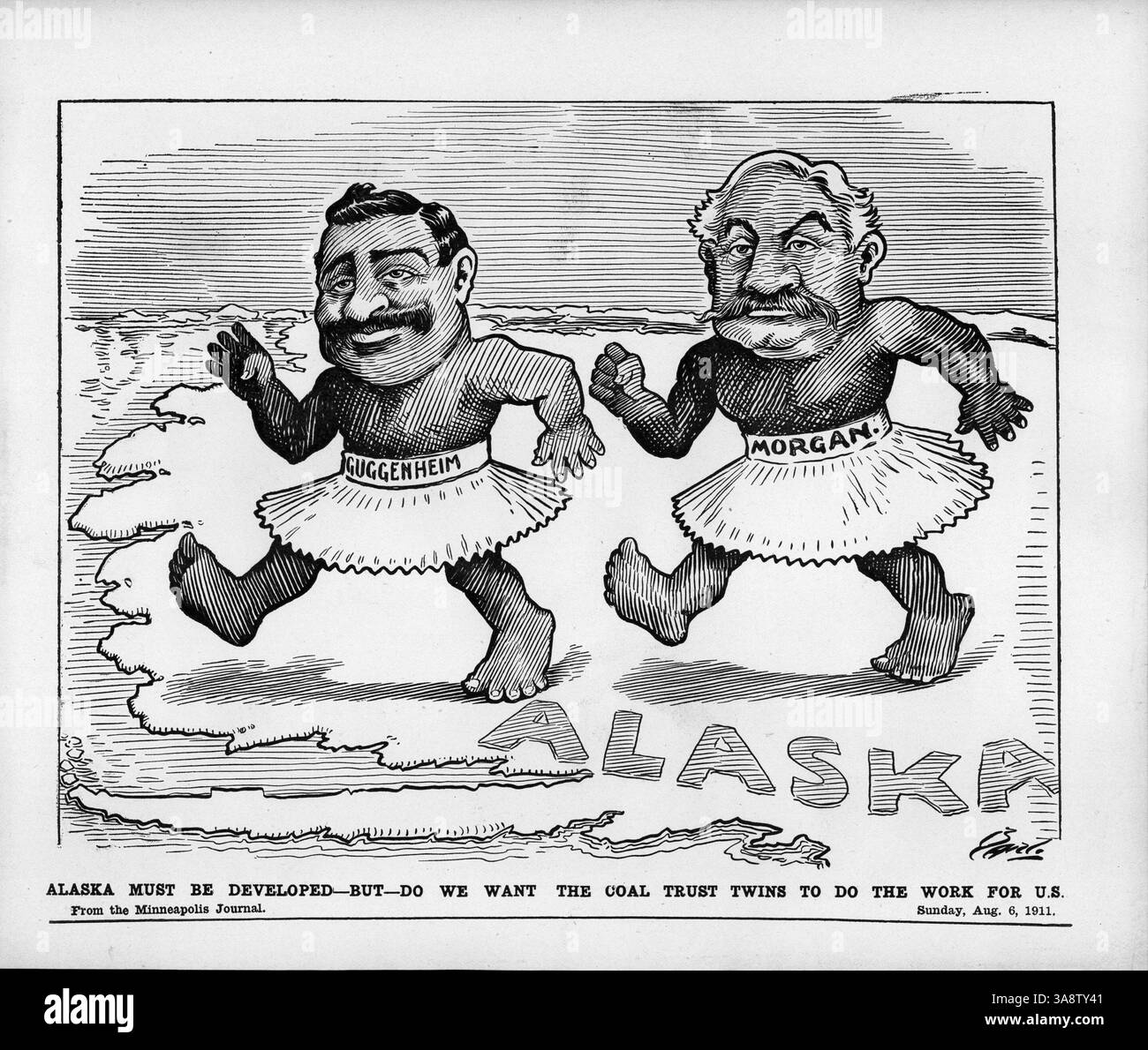 Ein politischer Cartoon, der Simon Guggenheim und J.P. Morgan als Balletttänzer in Tutus darstellt und die Kontroverse um Kohleverträge in Alaska symbolisiert. Dieses Ereignis folgt auf Vorwürfe wegen Misshandlungen in Regierungsbeziehungen mit dem Morgan-Guggenheim-Syndikat. Stockfoto Ein politischer Cartoon, der Simon Guggenheim und J.P. Morgan als Balletttänzer in Tutus darstellt und die Kontroverse um Kohleverträge in Alaska symbolisiert. Dieses Ereignis folgt auf Vorwürfe wegen Misshandlungen in Regierungsbeziehungen mit dem Morgan-Guggenheim-Syndikat. Stockfoto