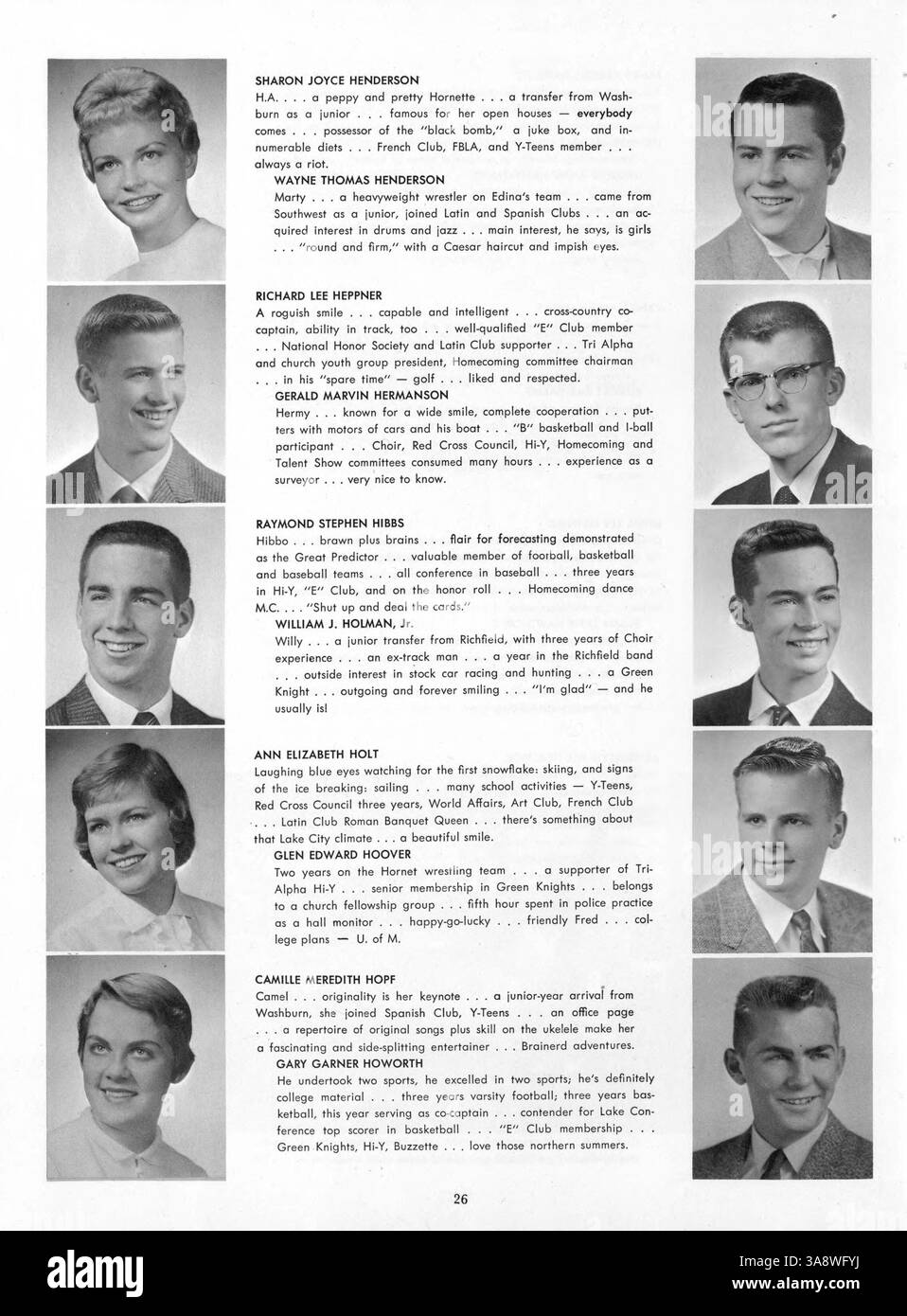 Dieses Jahrbuch der High School 1959 erfasst die Schüler, Lehrkräfte, Sportmannschaften und außerschulischen Aktivitäten an der Edina-Morningside High School. Stockfoto