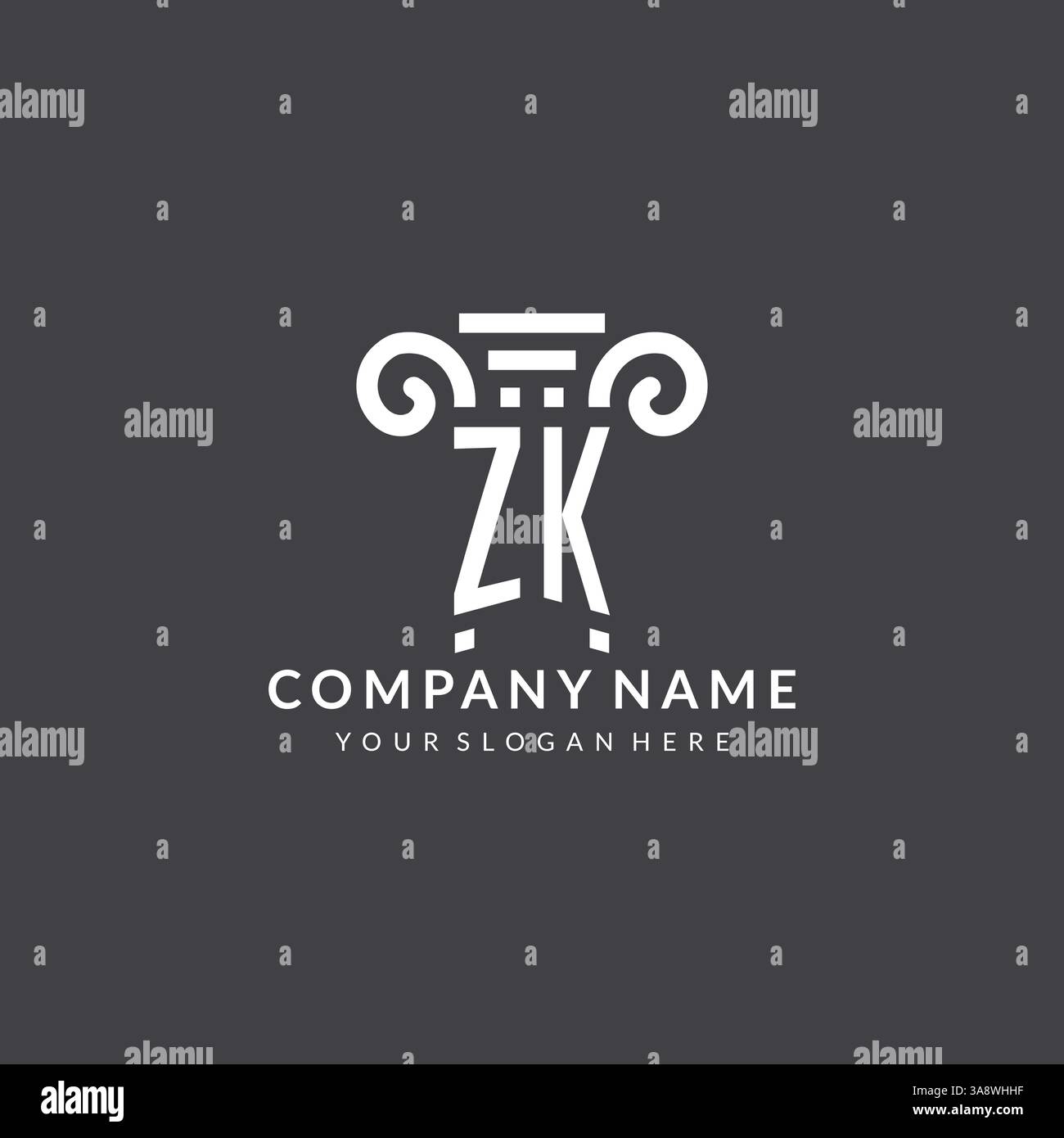 Monogramm ZK-Logo für Anwaltskanzlei mit Säulensymbol in moderner und kreativer Vektorgrafik im geometrischen Stil Stock Vektor