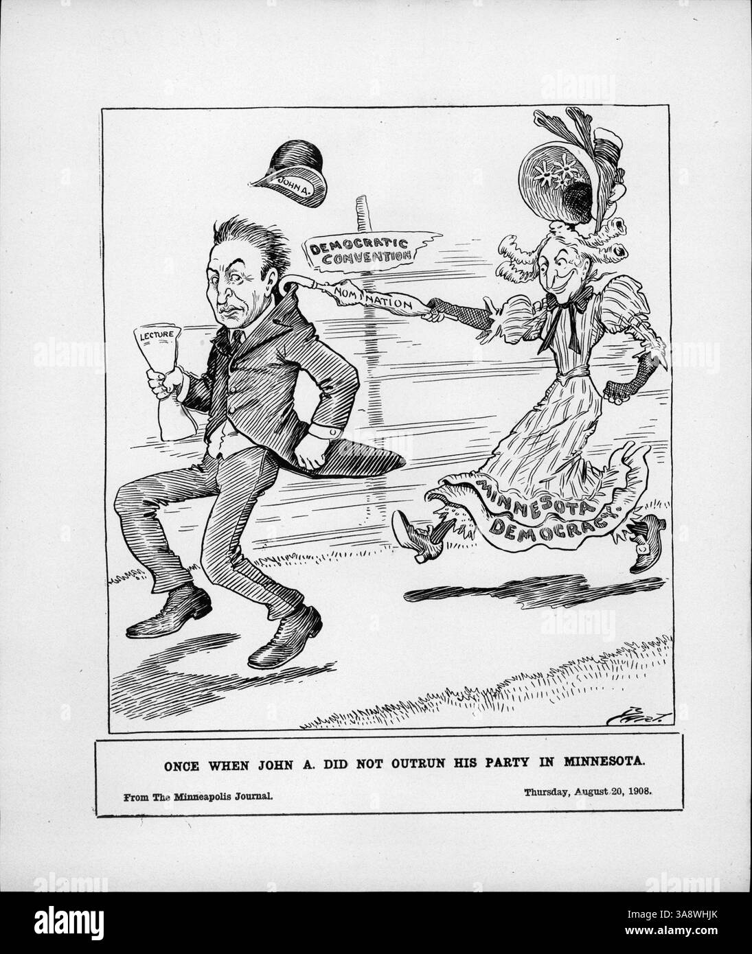 Ein politischer Zeichentrick zeigt die Demokratie in Minnesota, die Johnson mit einem Regenschirm am Kragen erwischt, als er versucht, aus der Demokratischen Konvention zu fliehen. Johnson war einstimmig als Kandidat der Demokraten für das Amt des Gouverneurs von Minnesota gewählt worden, obwohl er die Nominierung ablehnte. Stockfoto