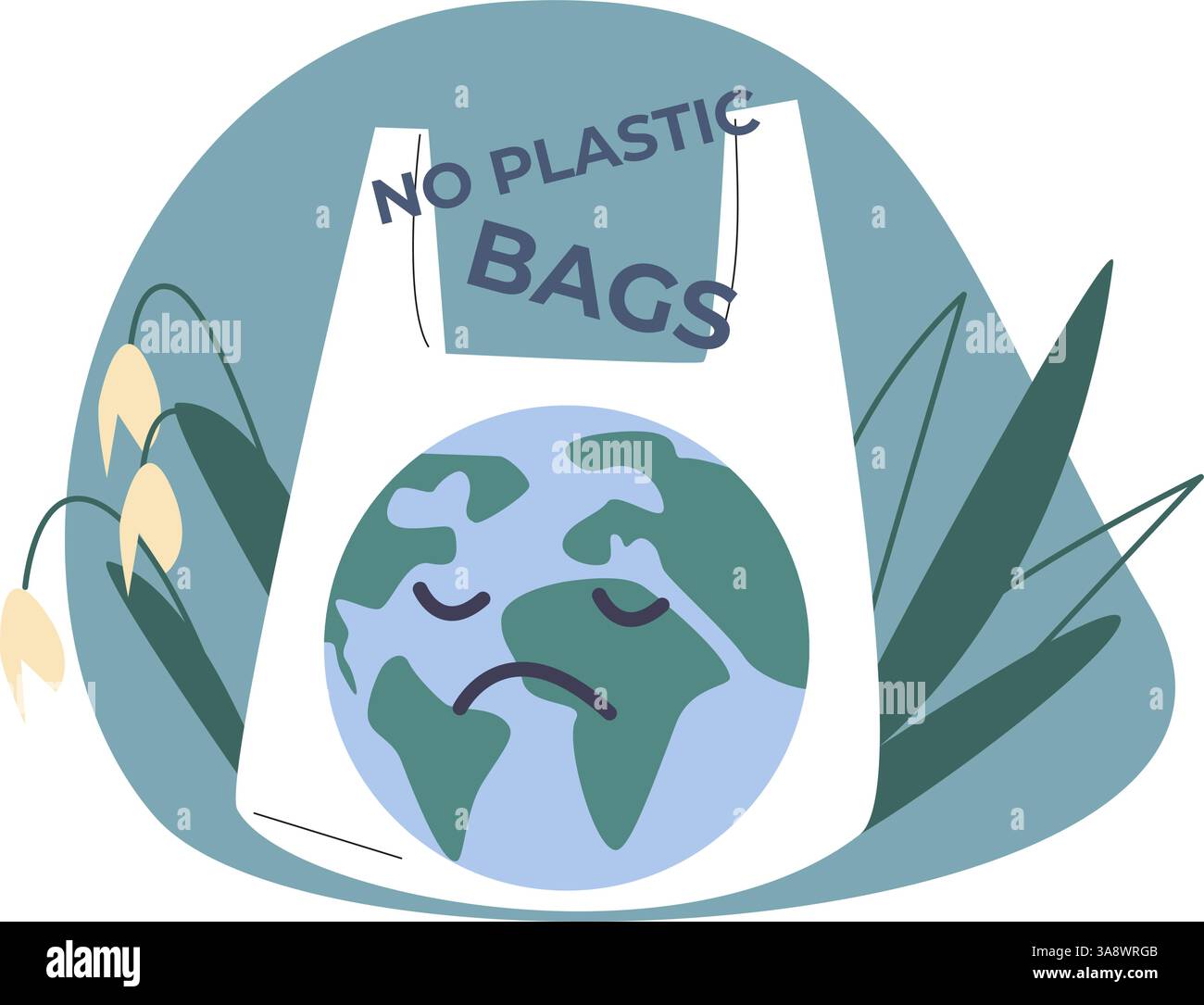 Kein Konzept für Kunststoffbeutel. Traurige Planeten- und Naturelemente, Blumen und Blätter. Umweltfreundlich, verschwendungsfrei und umweltschonend, flache, einfache Vektorszene Stock Vektor