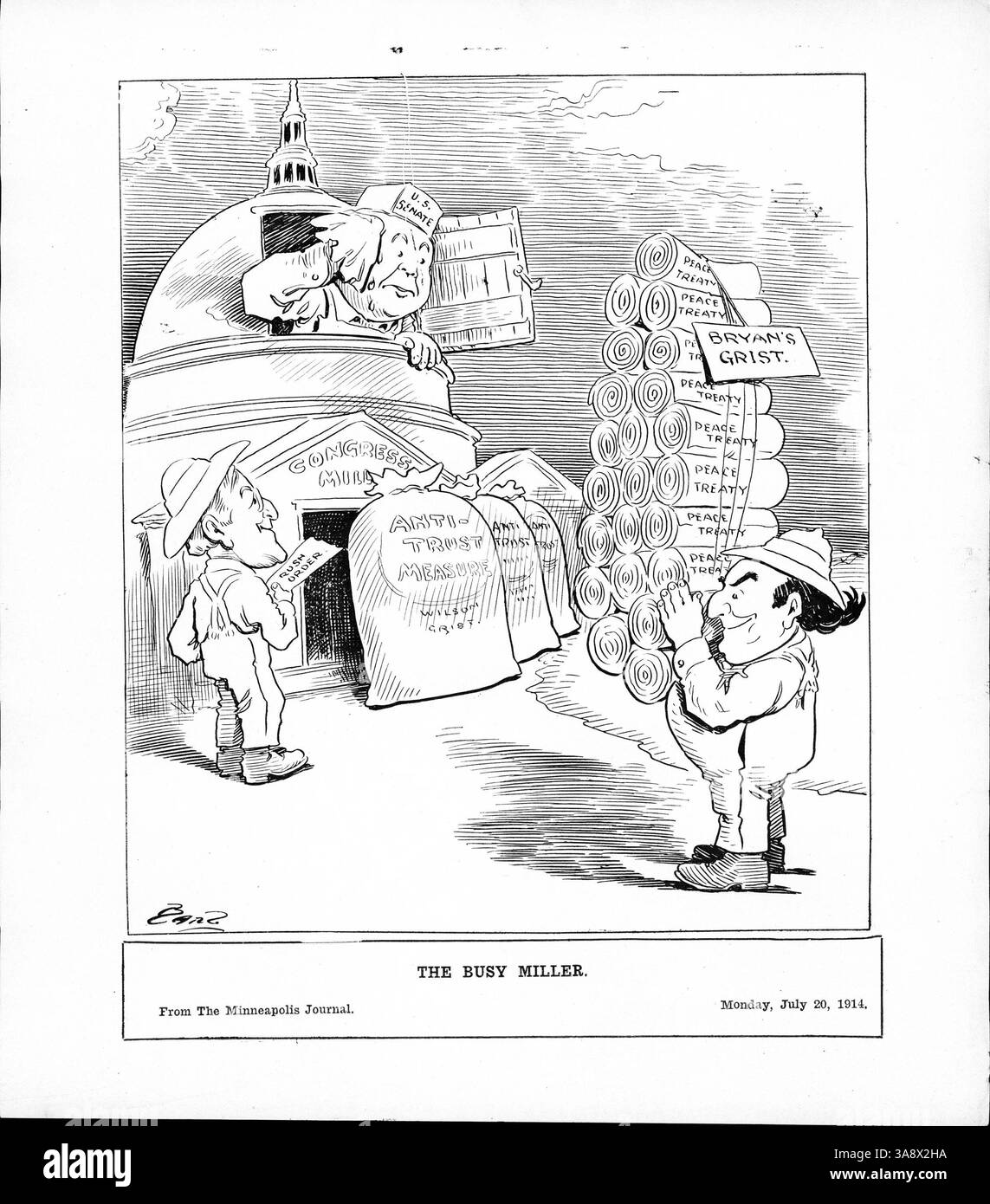 Diese Abbildung zeigt, wie Präsident Wilson vor dem US-Senat über kartellrechtliche Maßnahmen spricht, während William Jennings Bryan dem Kongress Friedensverträge vorlegt. Die Szene spiegelt das politische Klima der damaligen Zeit wider: Der Kongress arbeitet durch den Fall, um Gesetze zu verabschieden, und Wilson setzt sich für die Ratifizierung neuer Friedensverträge ein. Stockfoto Diese Abbildung zeigt, wie Präsident Wilson vor dem US-Senat über kartellrechtliche Maßnahmen spricht, während William Jennings Bryan dem Kongress Friedensverträge vorlegt. Die Szene spiegelt das politische Klima der damaligen Zeit wider: Der Kongress arbeitet durch den Fall, um Gesetze zu verabschieden, und Wilson setzt sich für die Ratifizierung neuer Friedensverträge ein. Stockfoto