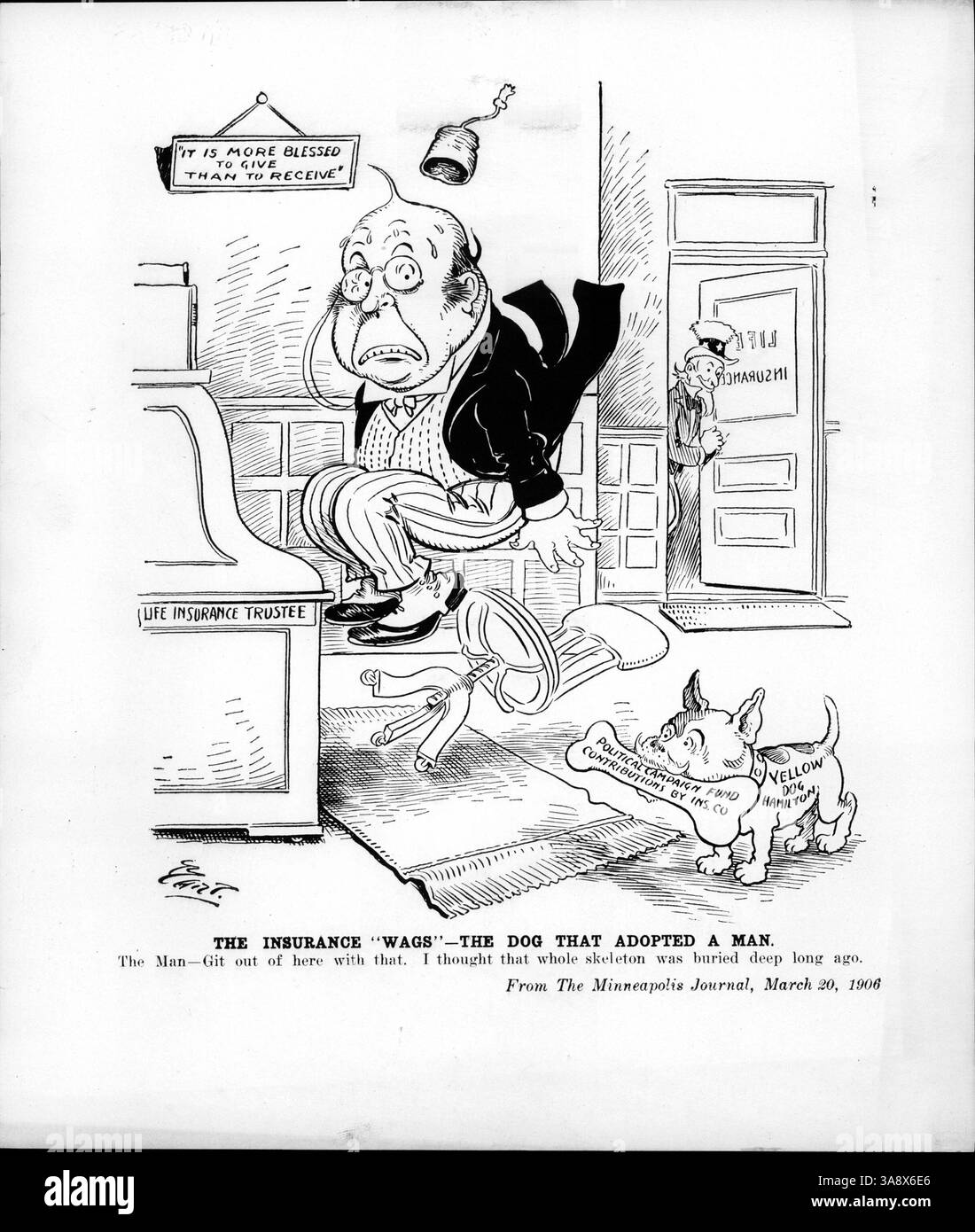 Dieser Cartoon veranschaulicht die politische Beteiligung von Andrew Hamilton, einem ehemaligen Lobbyisten einer Lebensversicherungsgesellschaft. Das Bild zeigt ihn humorvoll mit einem politischen Wahlkampffonds, symbolisiert durch einen Hund, der einen Knochen einbringt. Stockfoto