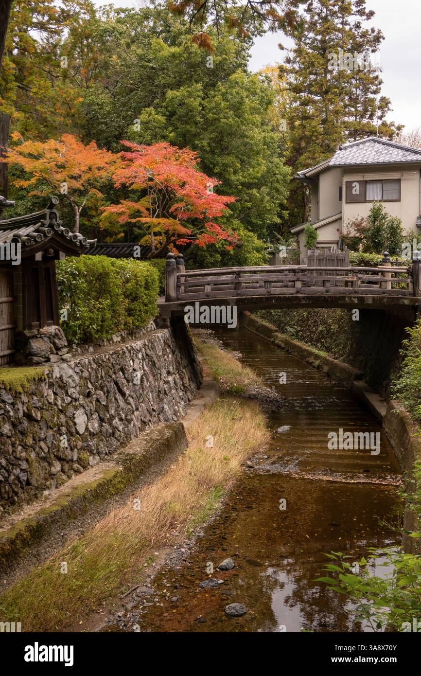 Kleiner Bach und alte Holzbrücke auf einem Spaziergang zum Moosgarten in Kyoto Japan Stockfoto