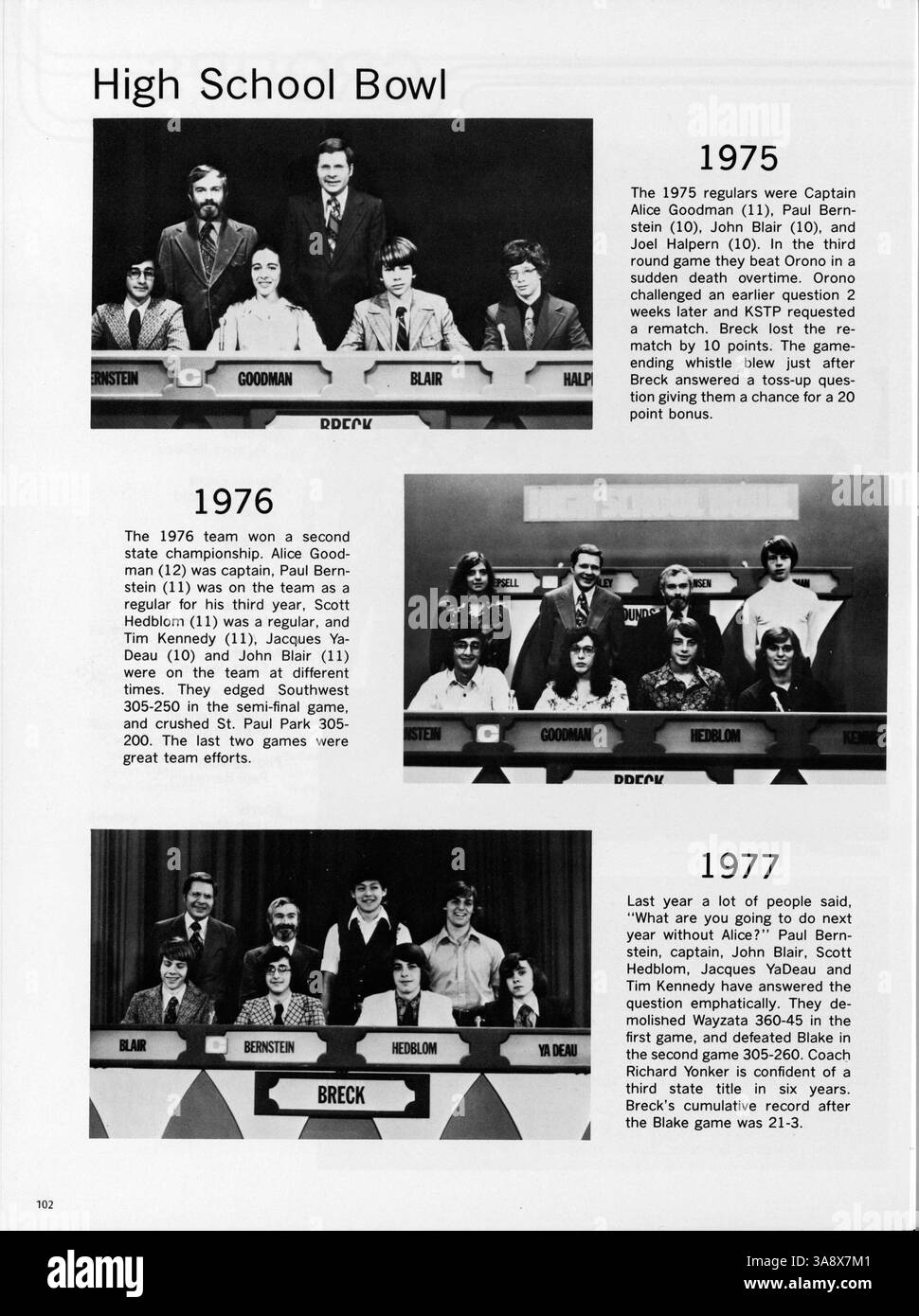 Die Ausgabe 1977 des Breck Mustang Jahrbuchs dokumentiert die bedeutenden akademischen, sportlichen und sozialen Meilensteine des Schuljahres 1976-1977. Stockfoto