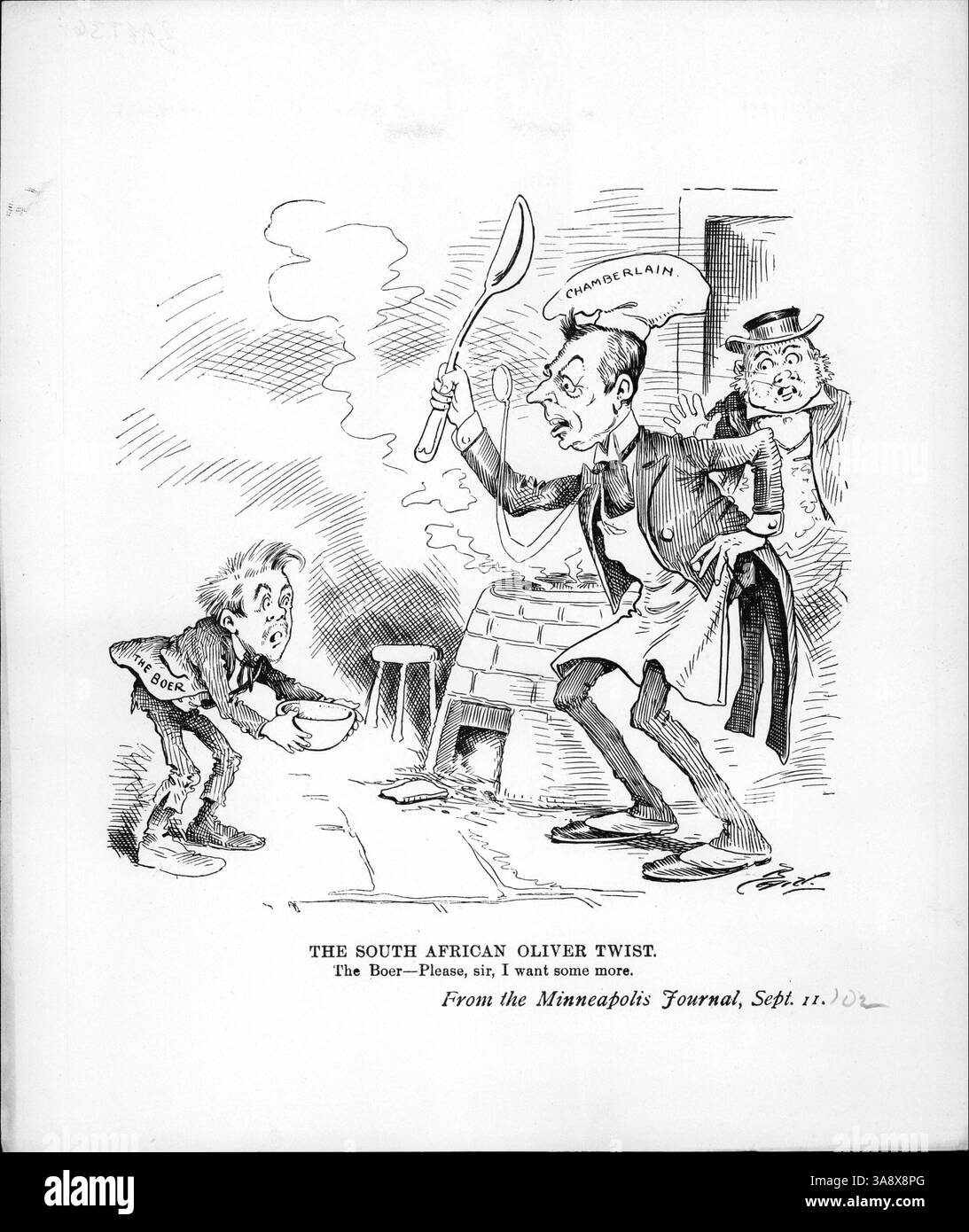 Ein satirischer politischer Cartoon, der einen Buren zeigt, der um mehr Essen bettelt, während Joseph Chamberlain einen Löffel hebt, während John Bull zusieht. Das Bild bezieht sich auf Verhandlungen über zusätzliche Mittel für Witwen und Waisen des Burenkrieges, wie dies von den Burenkriegen an Chamberlain, den britischen Staatssekretär für die Kolonien, gefordert wurde. Stockfoto Ein satirischer politischer Cartoon, der einen Buren zeigt, der um mehr Essen bettelt, während Joseph Chamberlain einen Löffel hebt, während John Bull zusieht. Das Bild bezieht sich auf Verhandlungen über zusätzliche Mittel für Witwen und Waisen des Burenkrieges, wie dies von den Burenkriegen an Chamberlain, den britischen Staatssekretär für die Kolonien, gefordert wurde. Stockfoto