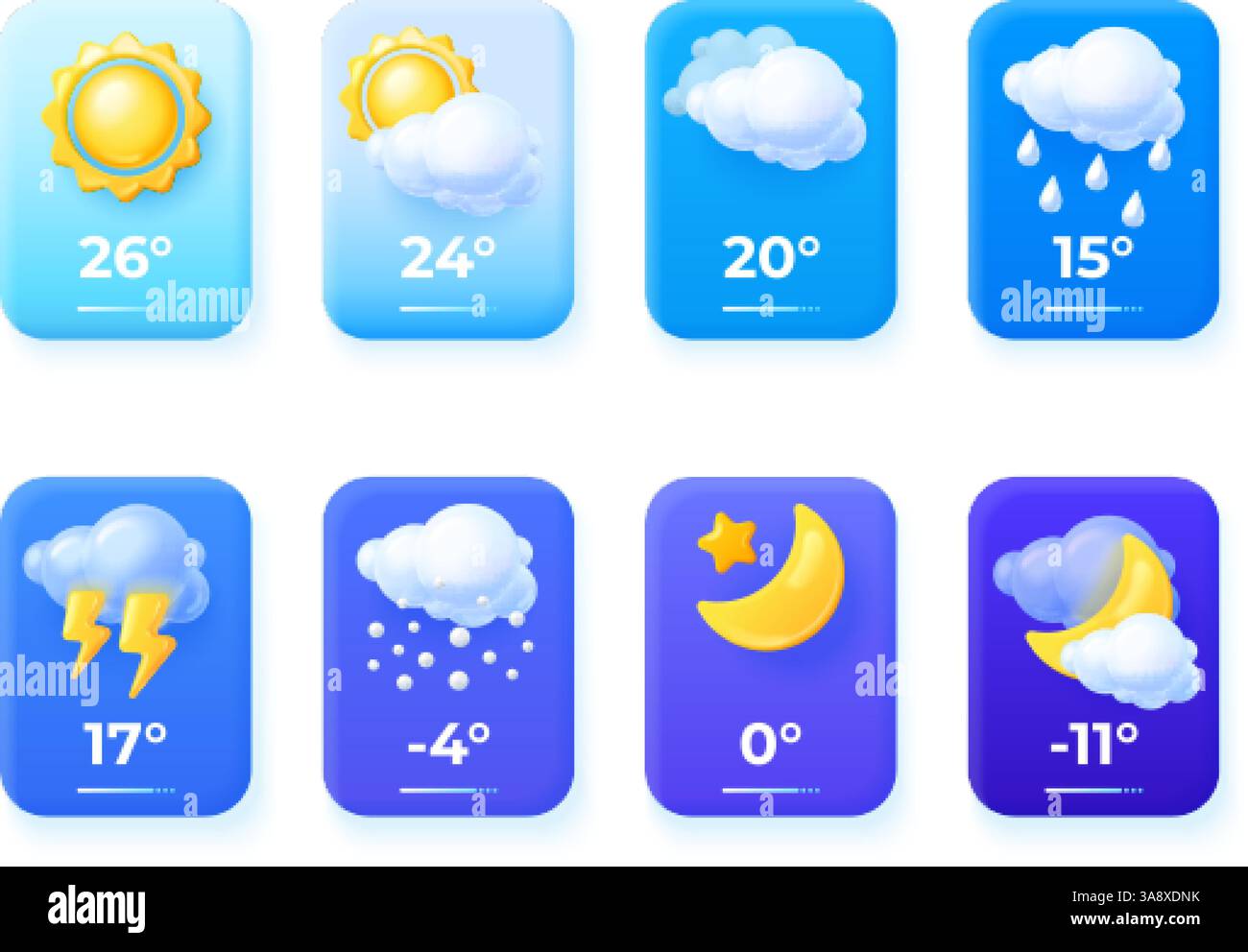3D-Wettervorhersage. Rendern Sie Wetter-ui-Symbole für Handy-App, Klima-Widget meteorologische Karten Meteorologie-Bildschirm Nacht Tag Temperatur Sonne Regen, exakte Vektorillustration Original-Grafik Stock Vektor