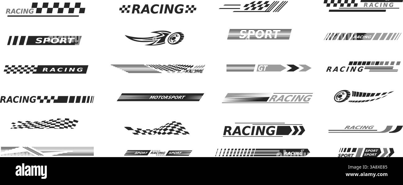 Rennwagen-Bars. Speed Race Pfeil Linie Motorsport Autos Seite Aufkleber, Auto Truck Motosport Streifen Design schwarze Abziehbilder Rallye Track Grenzen gesetzt, klassische Vektor Illustration Original Artwork Stock Vektor