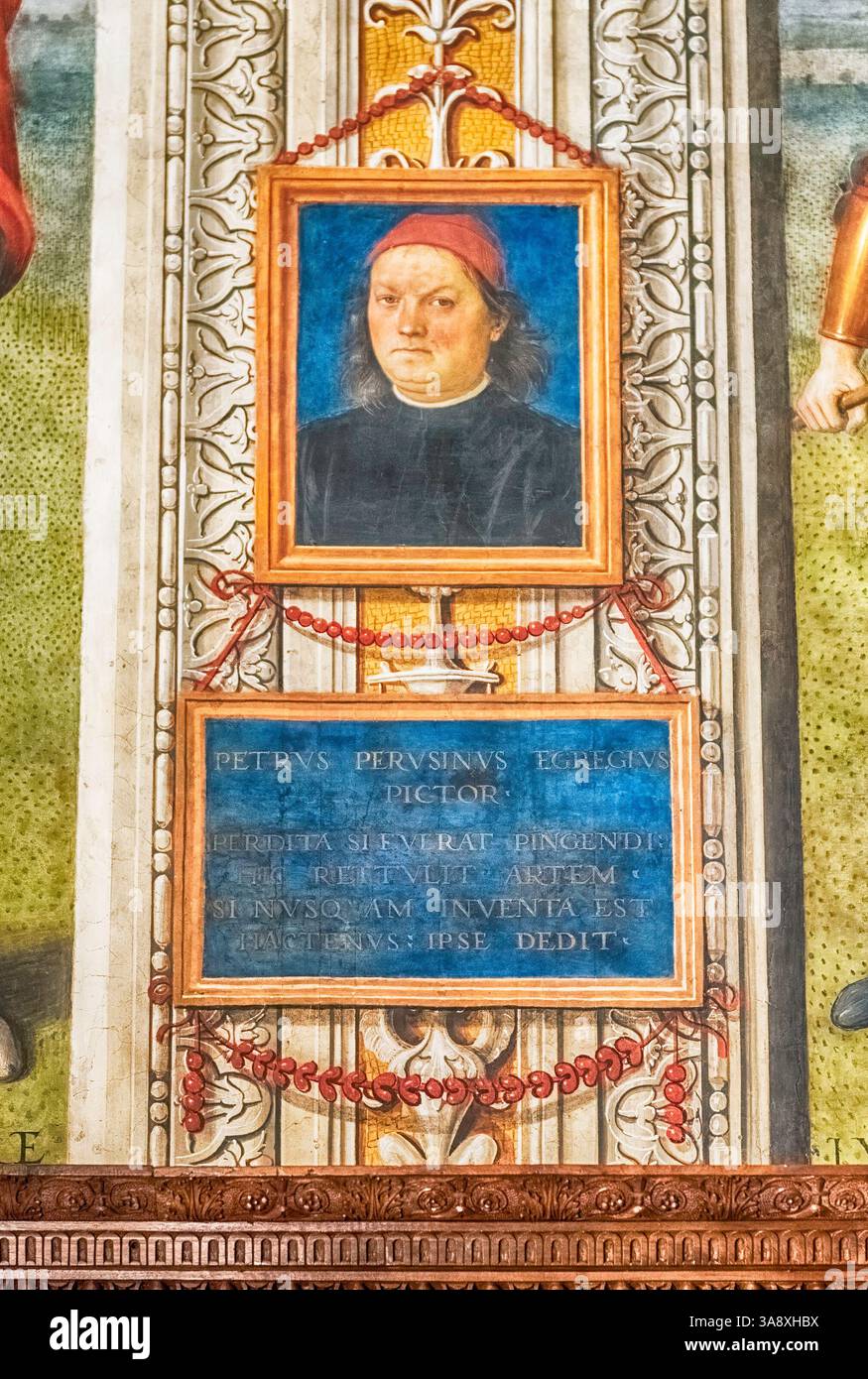 PERUGIA, ITALIEN - 12. JANUAR: Porträt von Pietro Vannucci alias Perugino, im Collegio del Cambio, historischem Sitz der Tauschzunft im Palaz Stockfoto