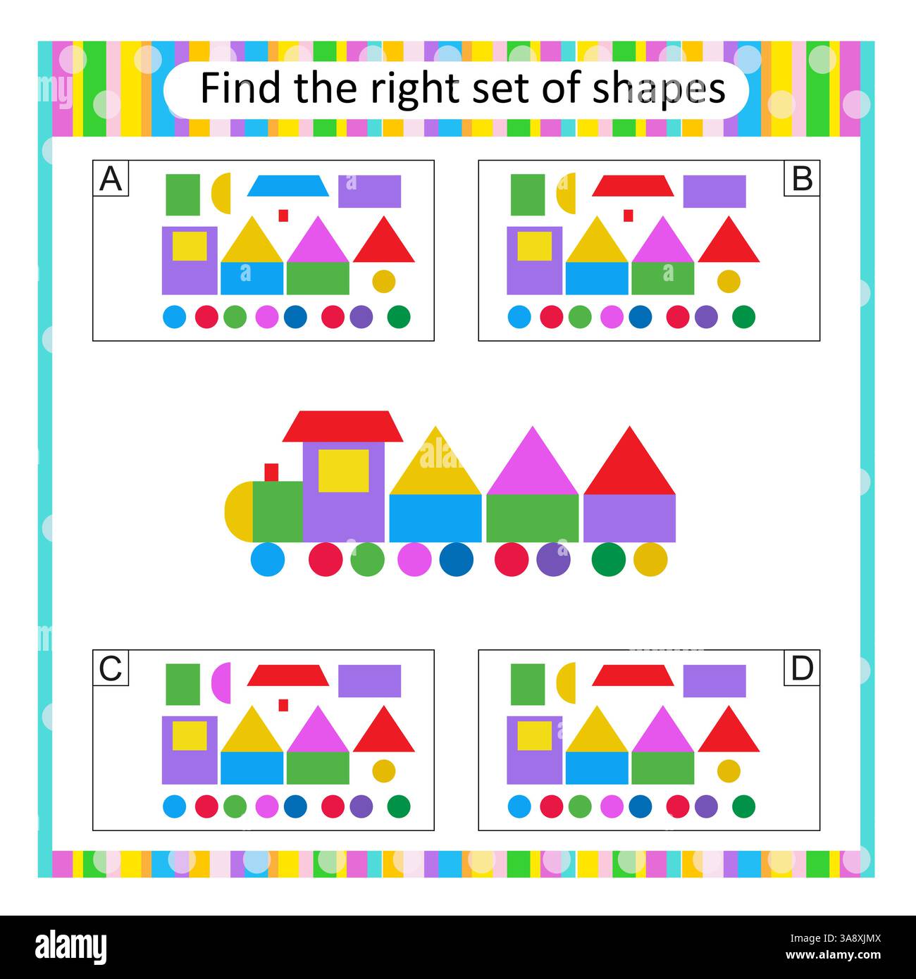 Puzzle für Kinder. Aufmerksamkeitsaufgabe. Finde den richtigen Zeichentrickzug. Vektorabbildung. Die Antwort lautet B. Stock Vektor