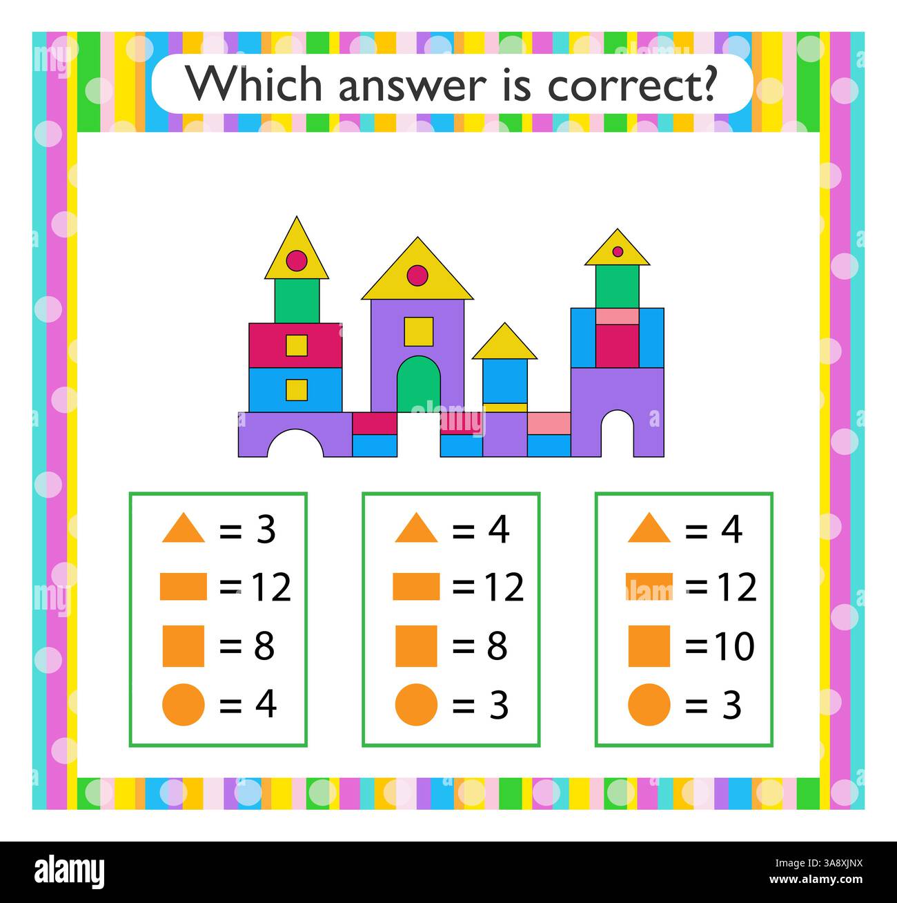 Mathematische Aktivität für Kinder. Finden Sie die richtige Antwort. Cartoon Palace. Vektorabbildung. Stock Vektor