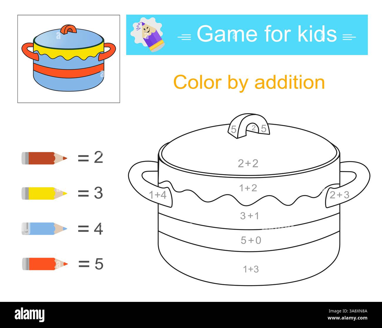 Farbe nach Hinzufügen. Mathematische Aktivität für Kinder. Entwicklung von Rechenkenntnissen. Zahlenbereich bis 10. Vektorabbildung. Stock Vektor