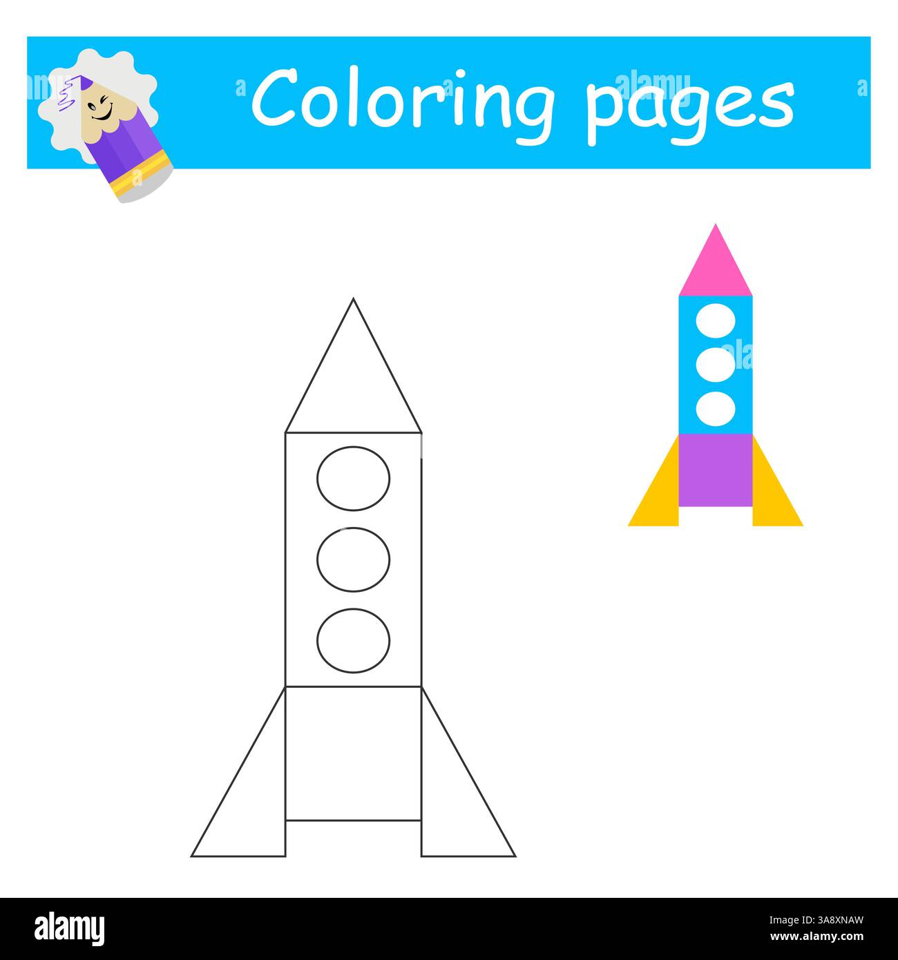 Ausmalseiten. Cartoon Raketenvektor. Illustration für die Kindererziehung. Flaches Design. Stock Vektor