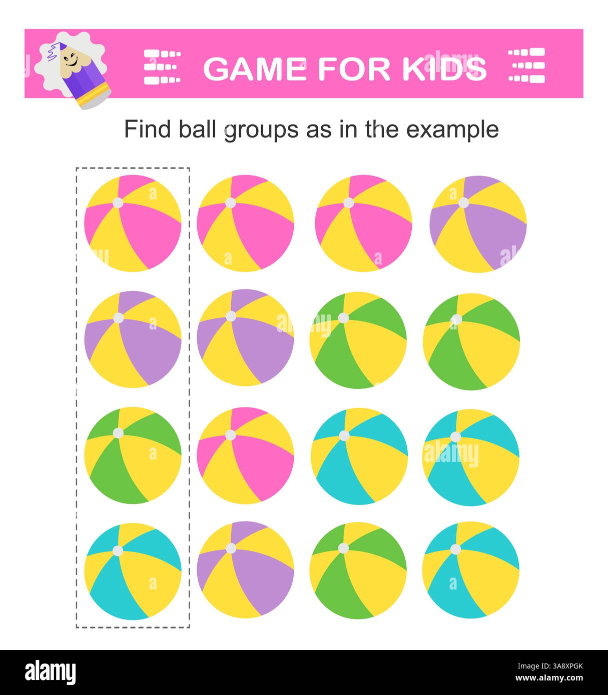 Suchen Sie Ballgruppen wie im Beispiel. Aufmerksamkeitsaufgaben für Kinder. Stock Vektor
