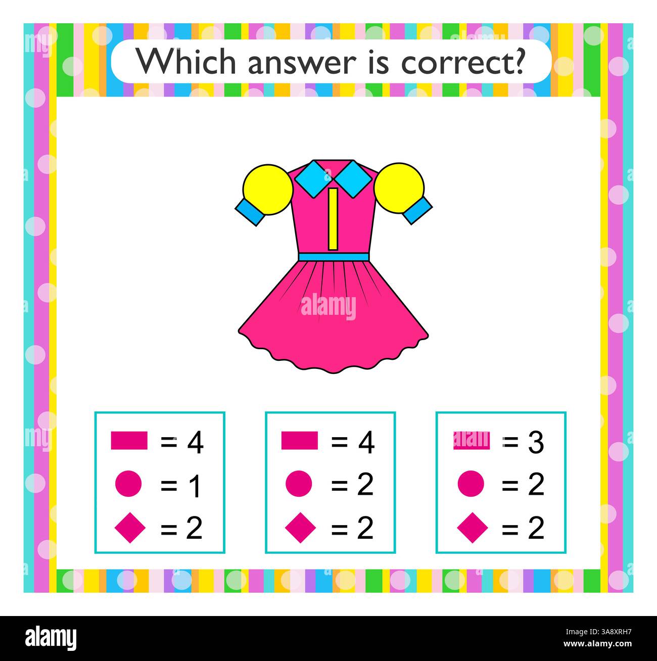 Mathematische Aktivität für Kinder. Finden Sie die richtige Antwort. Cartoon-Kleid. Vektorabbildung. Stock Vektor