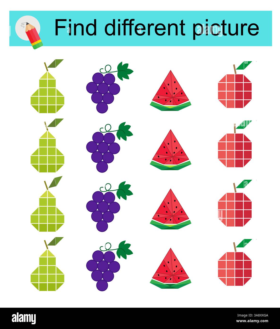Lustiges Puzzlespiel für Kinder. Suchen Sie den ungeraden in der Gruppe. Vektor-Illustration von Zeichentrickbirne, Trauben, Wassermelone, Apfel. Stock Vektor