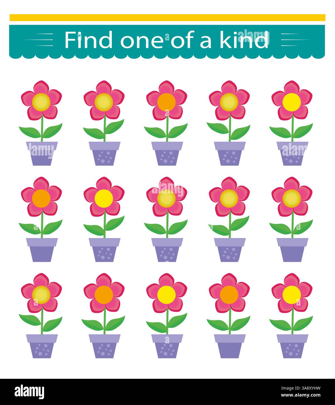 Lernspiel für Kinder. Ich muss einen Blumentopf finden. Visuelle Intelligenz. Vektorabbildung. Stock Vektor