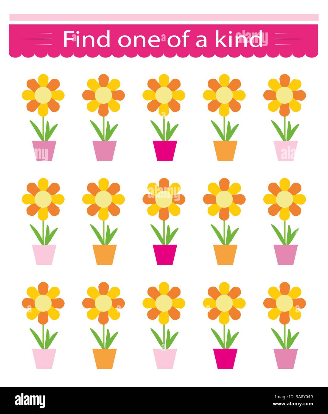Lernspiel für Kinder. Ich muss einen Blumentopf finden. Visuelle Intelligenz. Vektorabbildung. Stock Vektor